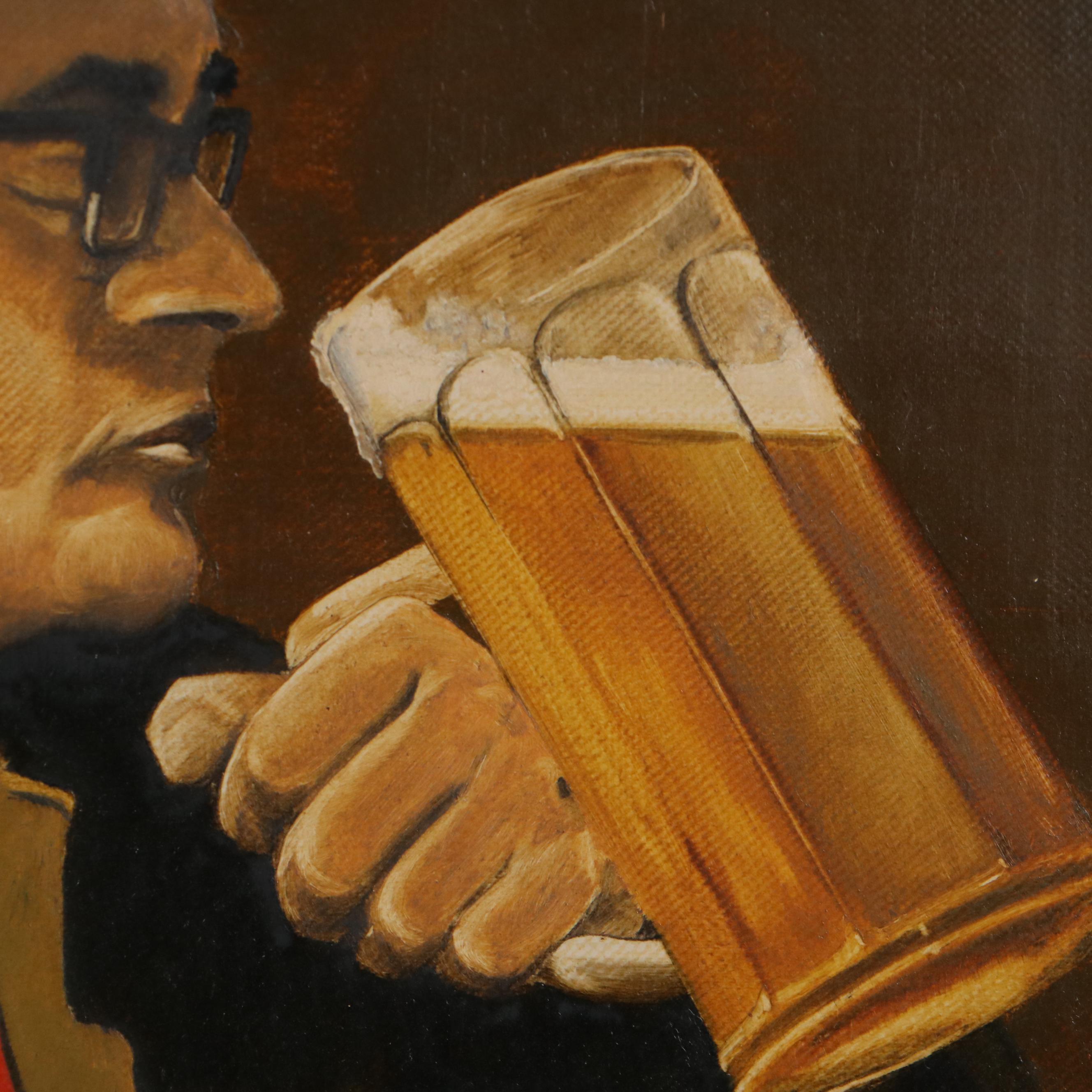 Oil Painting of German Man Drinking Beer, Late 20th Century