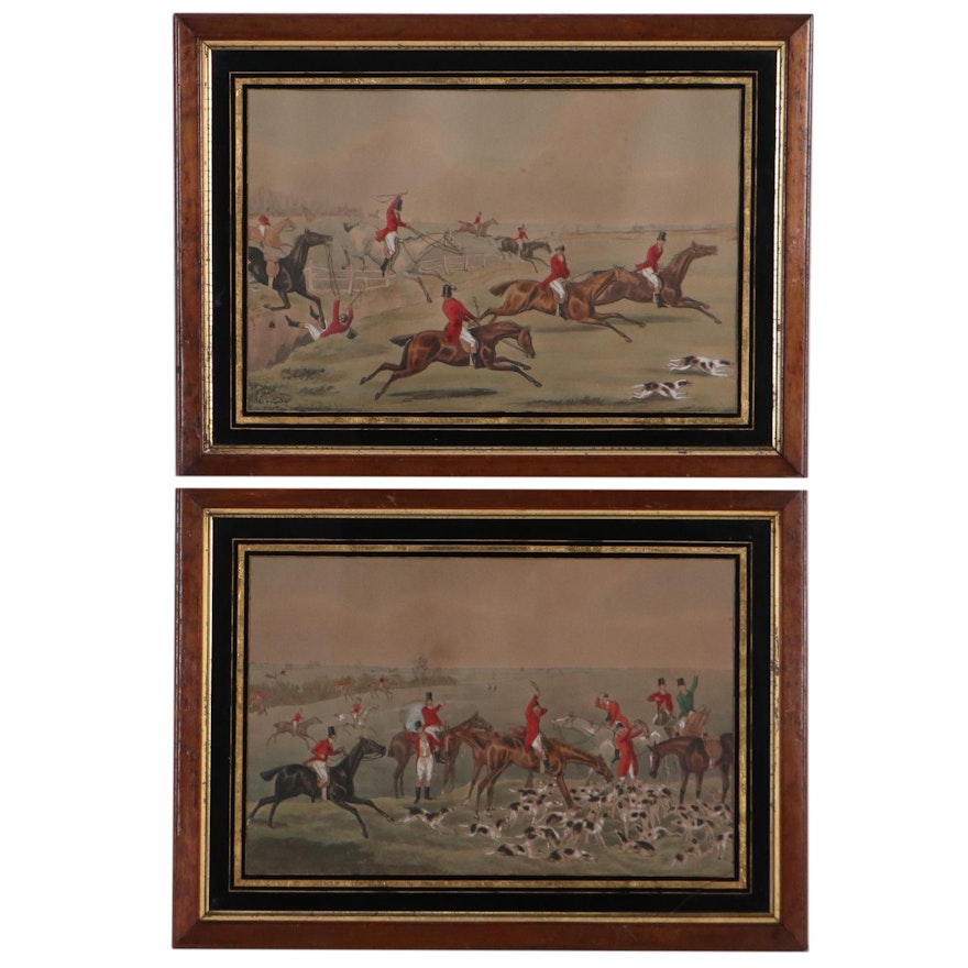 Hand-Colored Lithograph of Hunting Scenes, Early 20th Century