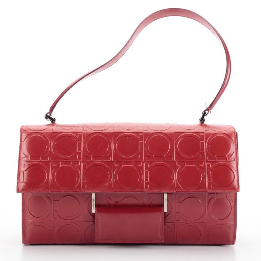 Salvatore Ferragamo Shoulder Bag in Red Gancini-Embossed and Smooth Leather