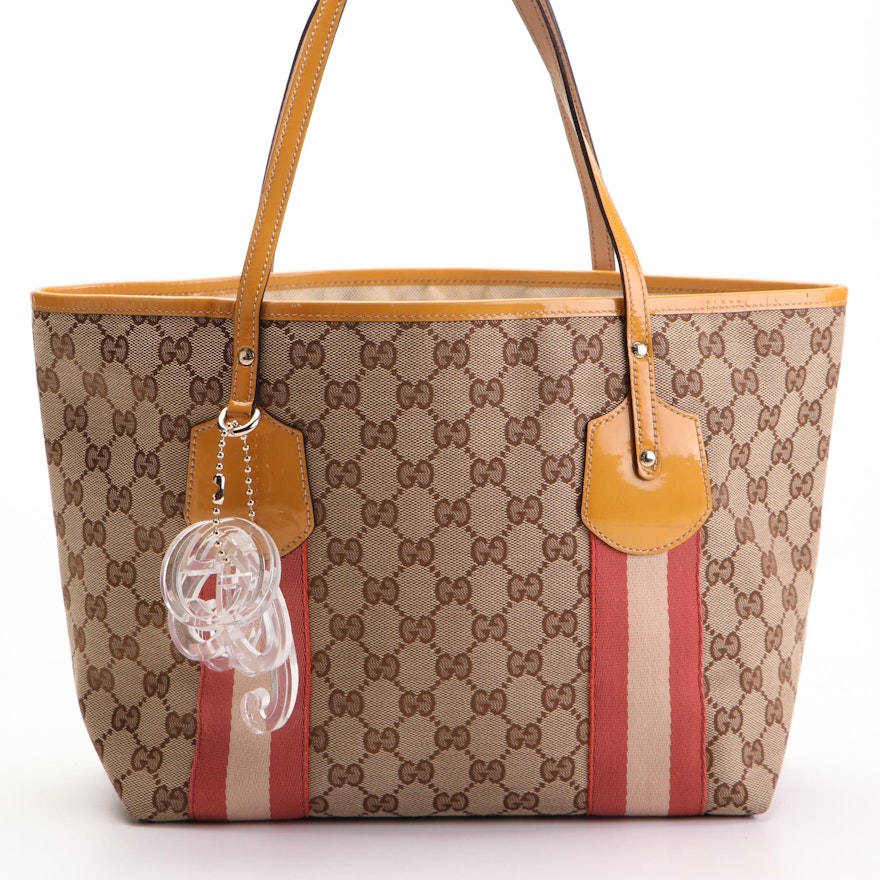 Gucci Shoulder Tote Bag in GG Canvas and Patent Leather with Translucent Charms