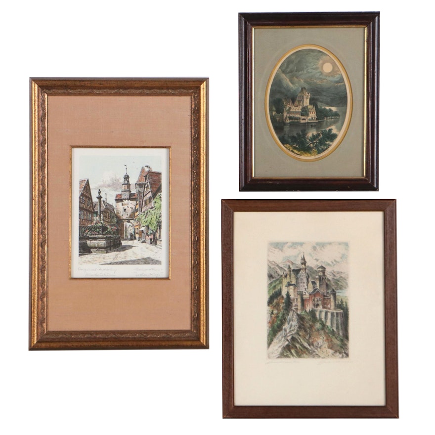 Hand-Colored Lithograph and Etchings of Architecture, Early-Mid 20th Century