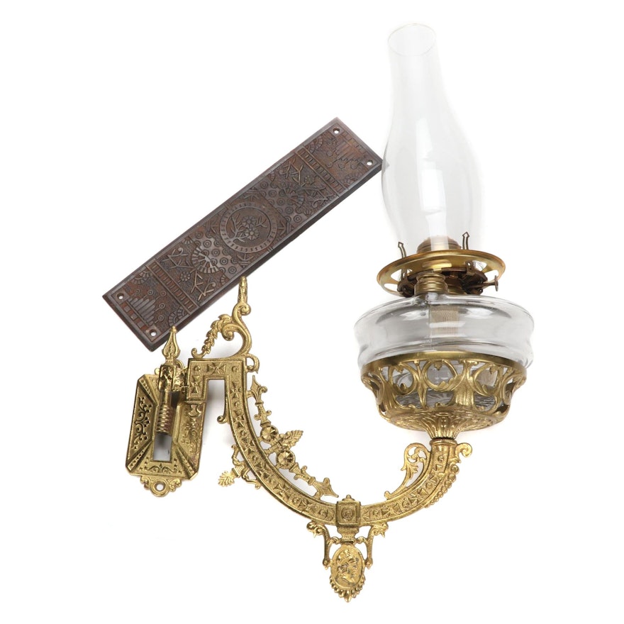 Rotating Oil Lamp Wall Sconce with Art Deco Door Push Plate, 1910s-1920s