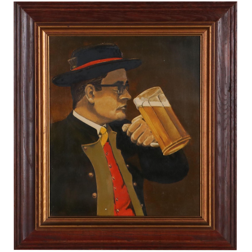 Oil Painting of German Man Drinking Beer, Late 20th Century