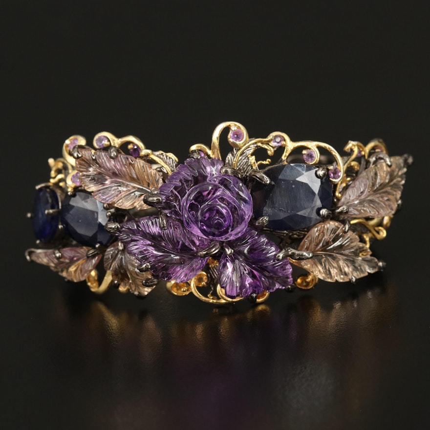 Sterling Carved Amethyst and Citrine Floral Cuff with Corundum Accents