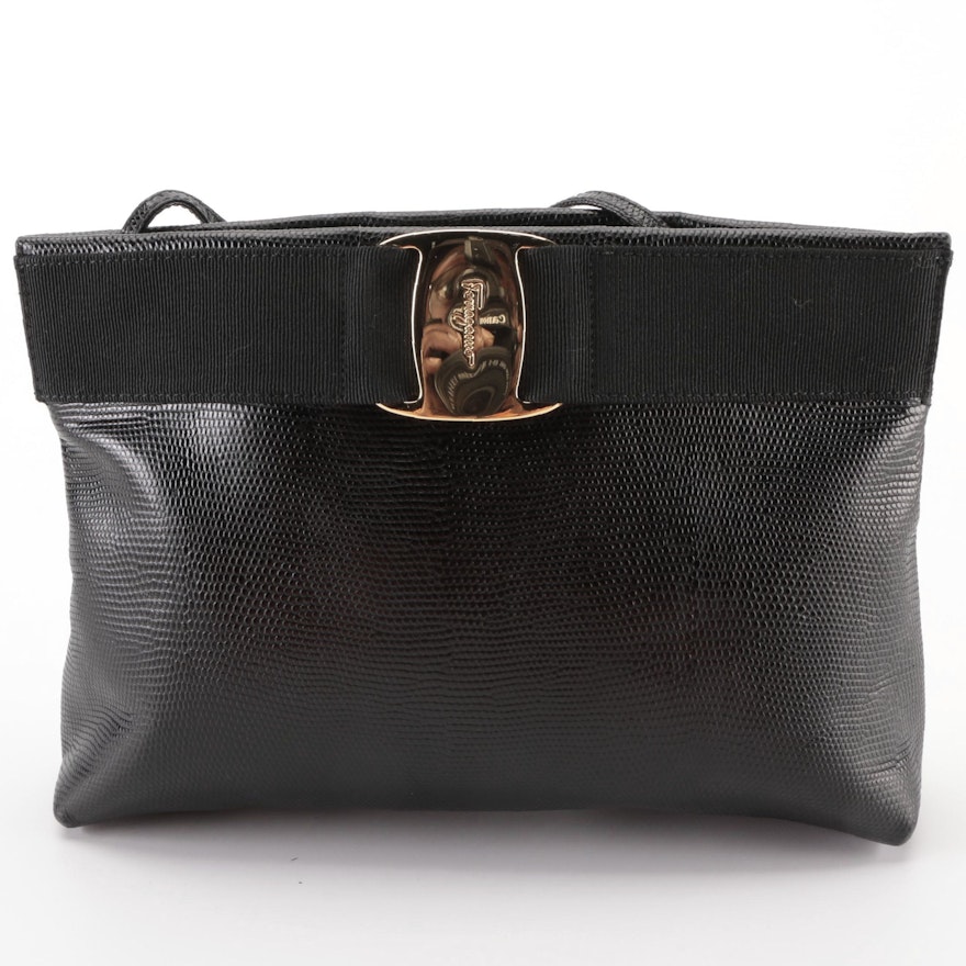 Salvatore Ferragamo Vara Hinge Top Shoulder Bag in Black Embossed Leather