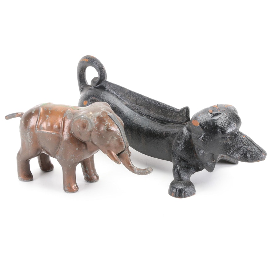 Cast Iron Dachshund Boot Jack with Cast Aluminum Gar-Ru Elephant Coin Bank