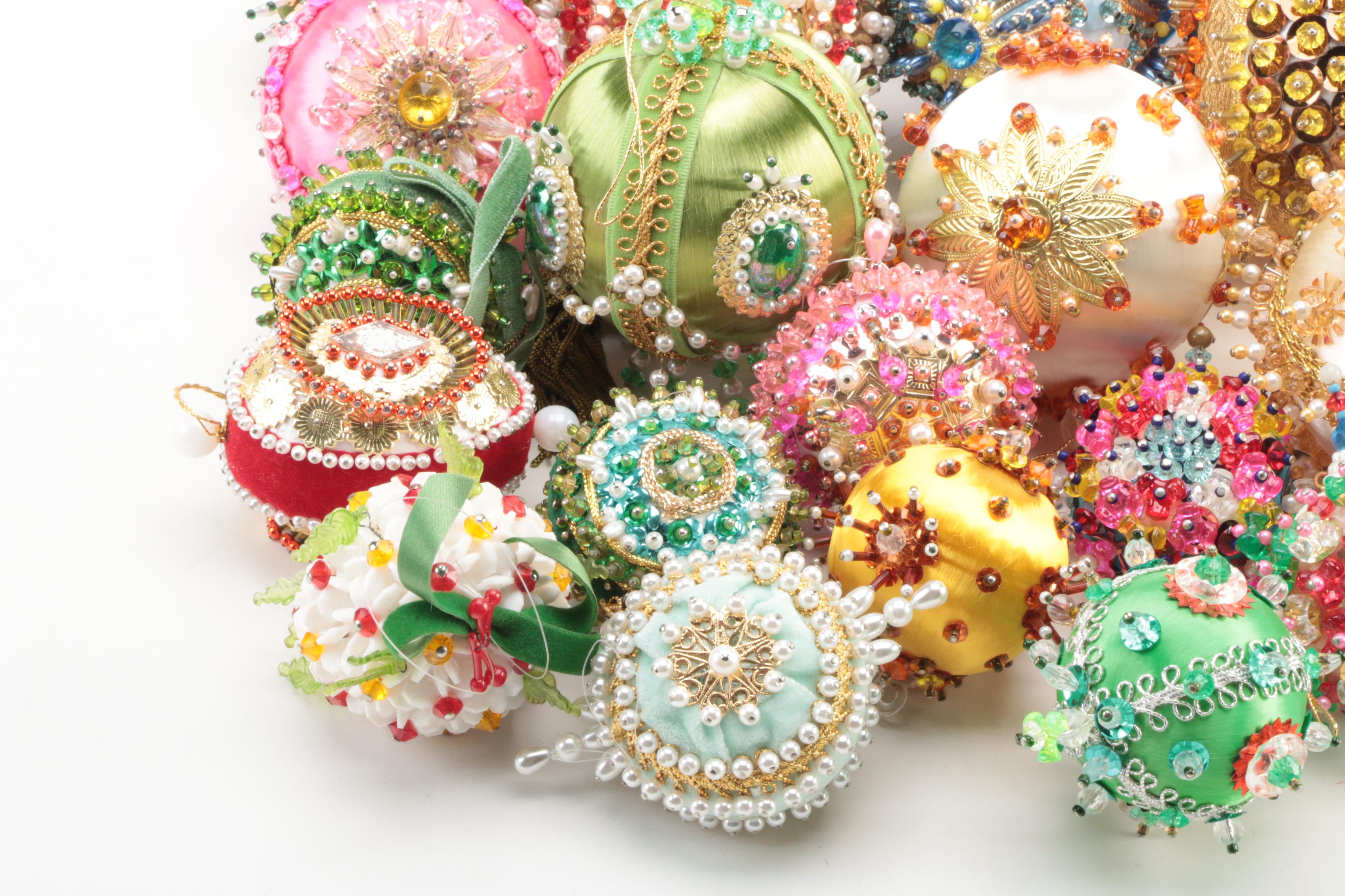 Handmade Victorian Style Bead and Sequin Decorated Ornaments, Mid-20th C.