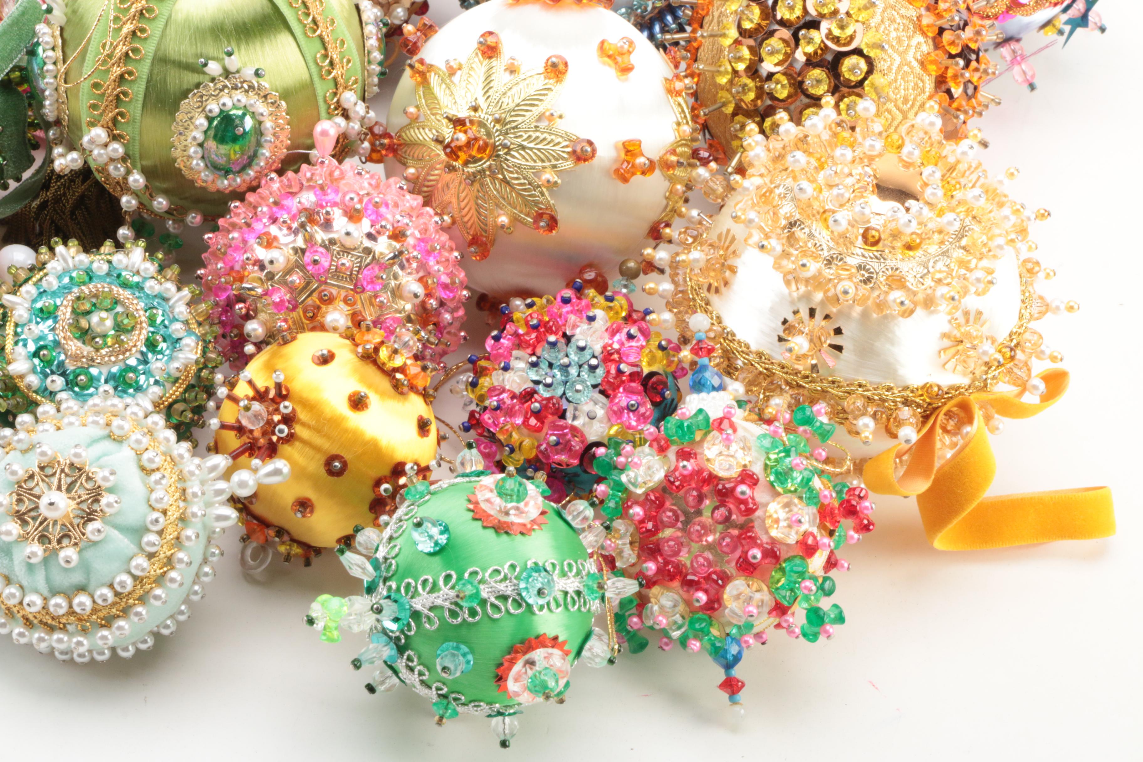 Handmade Victorian Style Bead and Sequin Decorated Ornaments, Mid-20th C.