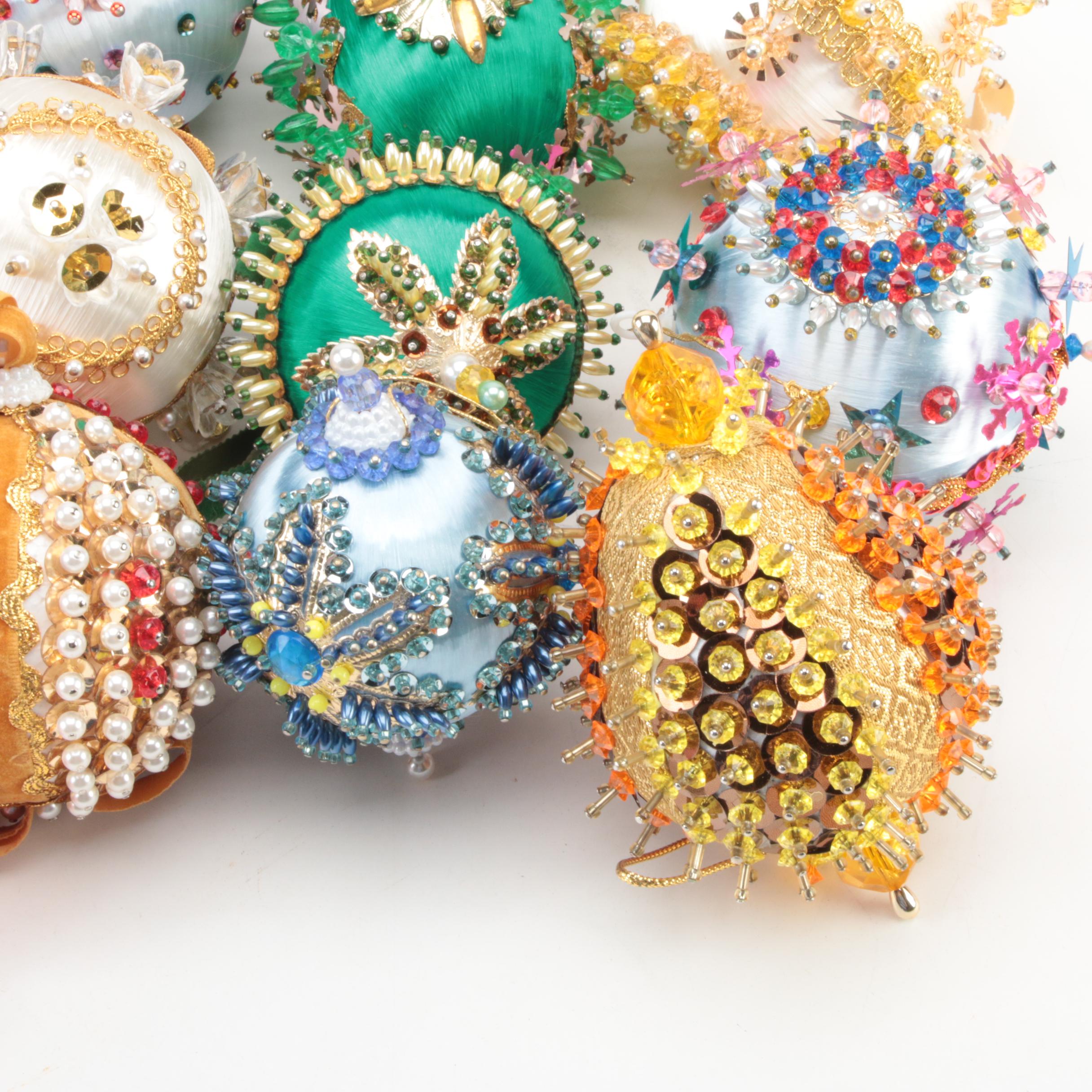 Handmade Victorian Style Bead and Sequin Decorated Ornaments, Mid-20th C.