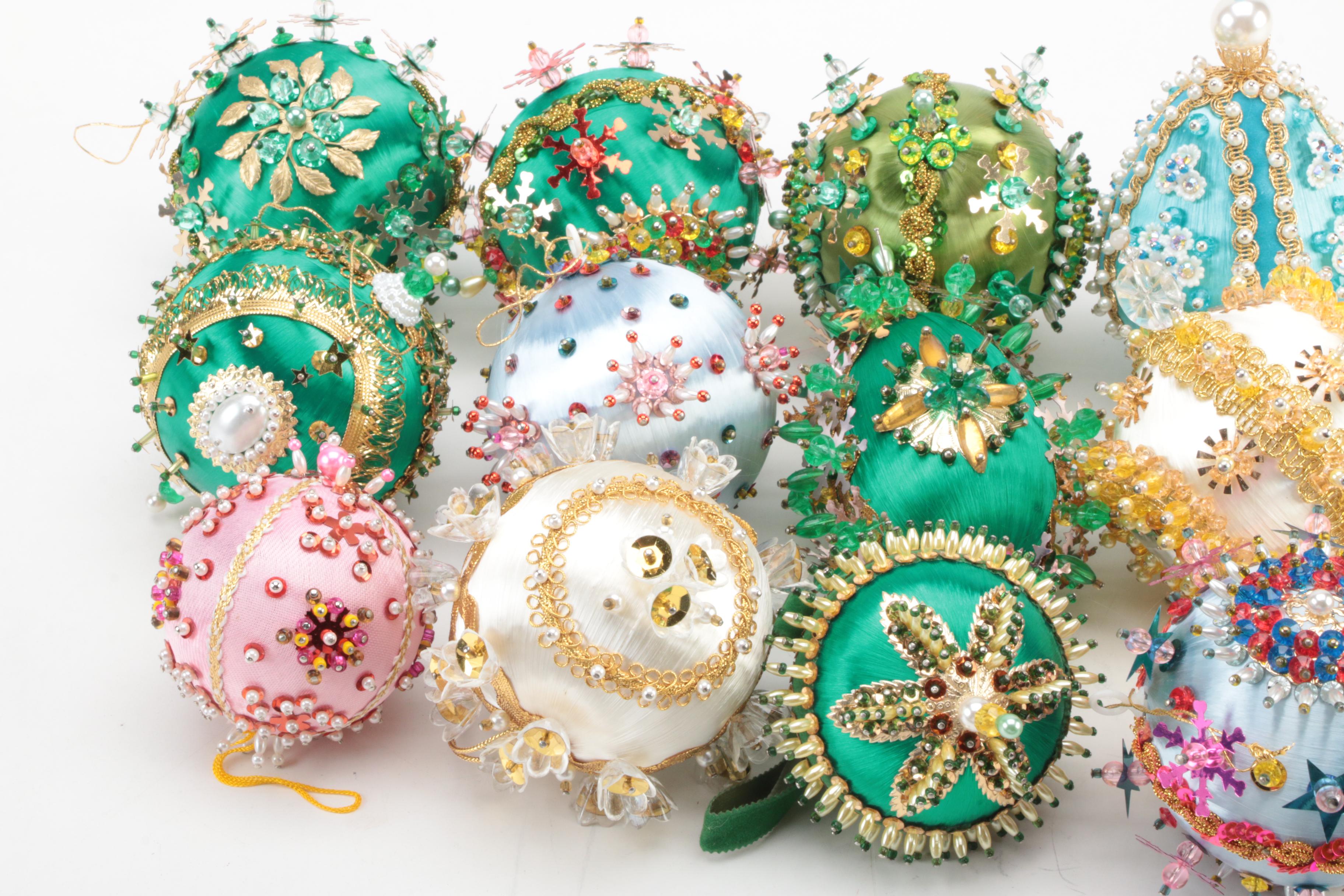 Handmade Victorian Style Bead and Sequin Decorated Ornaments, Mid-20th C.