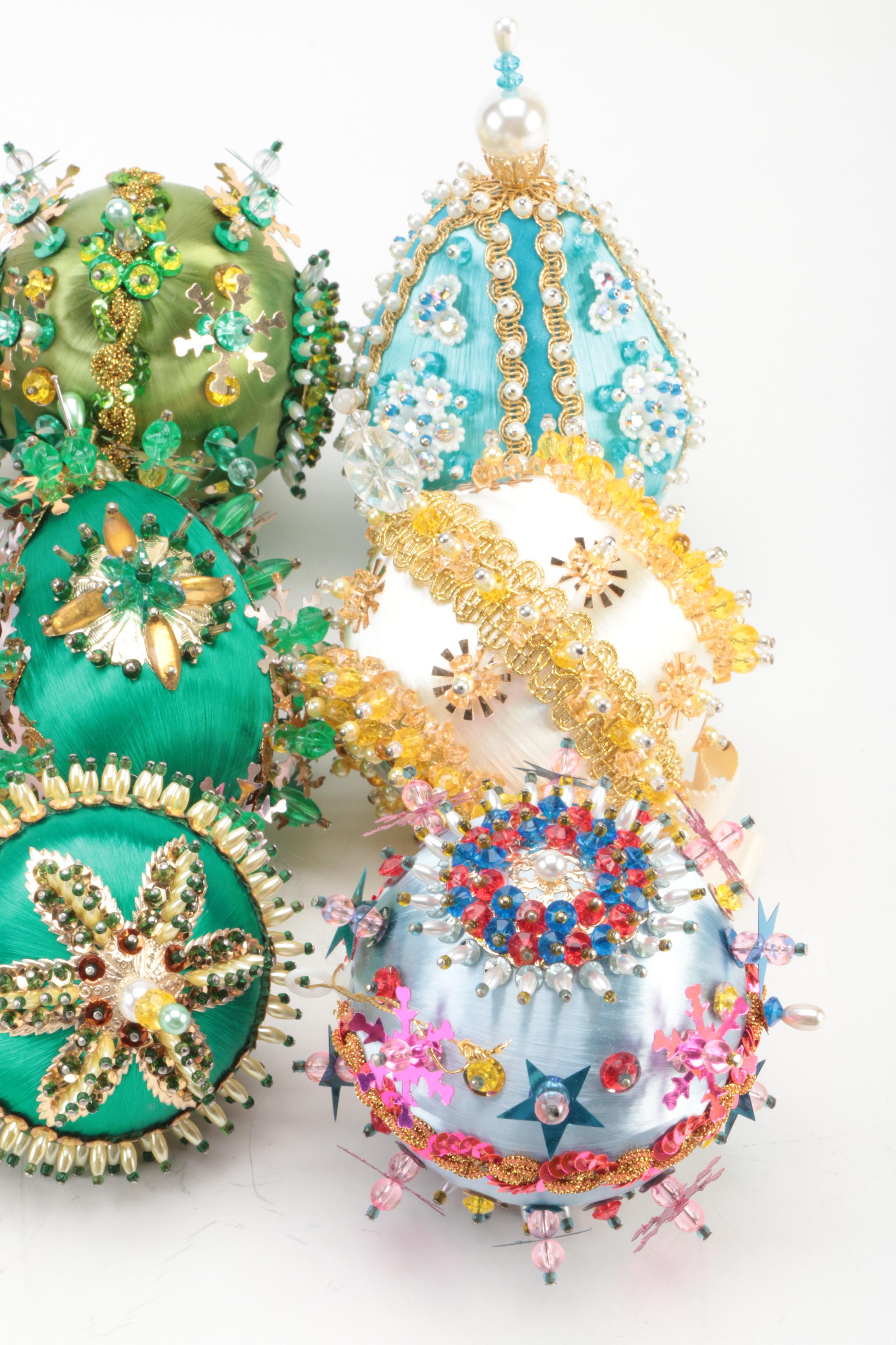 Handmade Victorian Style Bead and Sequin Decorated Ornaments, Mid-20th C.