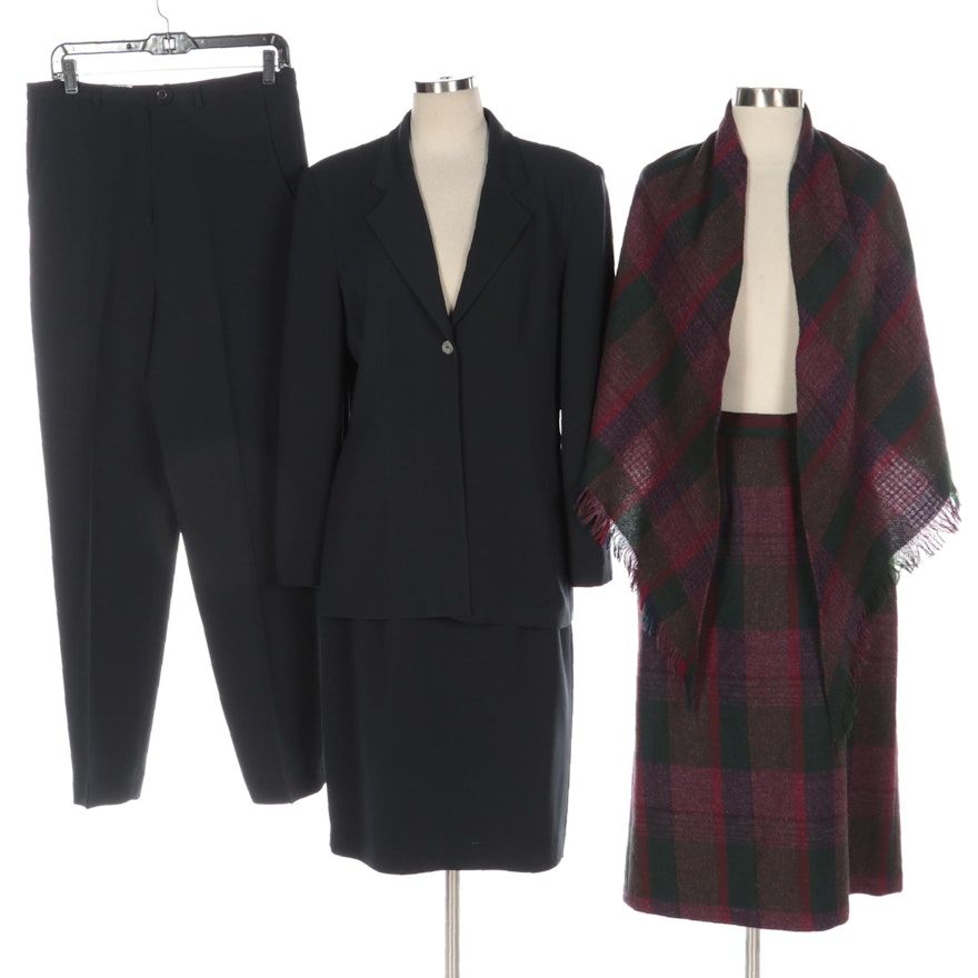 Bill Blass Three-Piece Suit with Other Wool Plaid Skirt and Coordinating Shawl