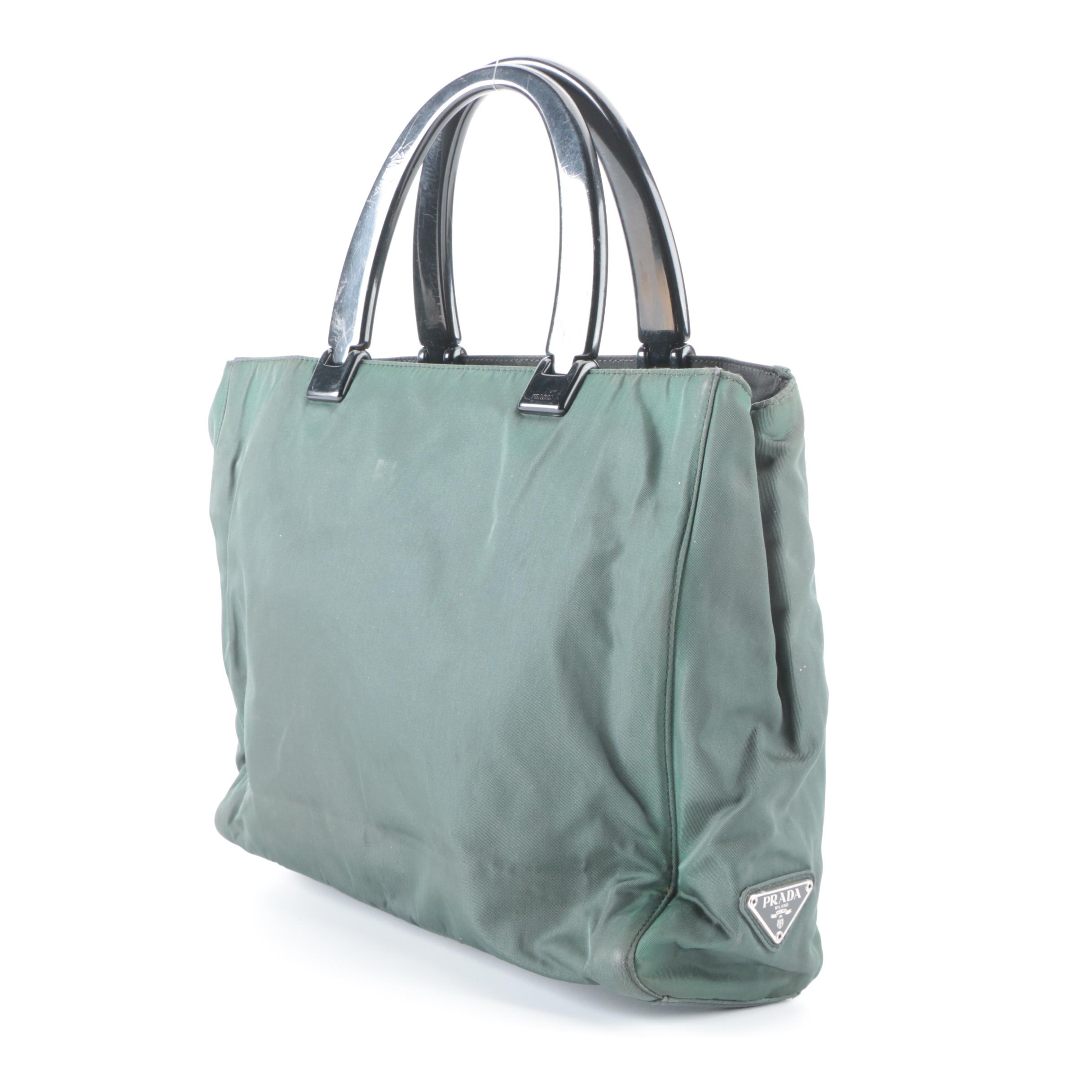 Prada Small Tote Bag in Green Tessuto Nylon with Black Composite Handles