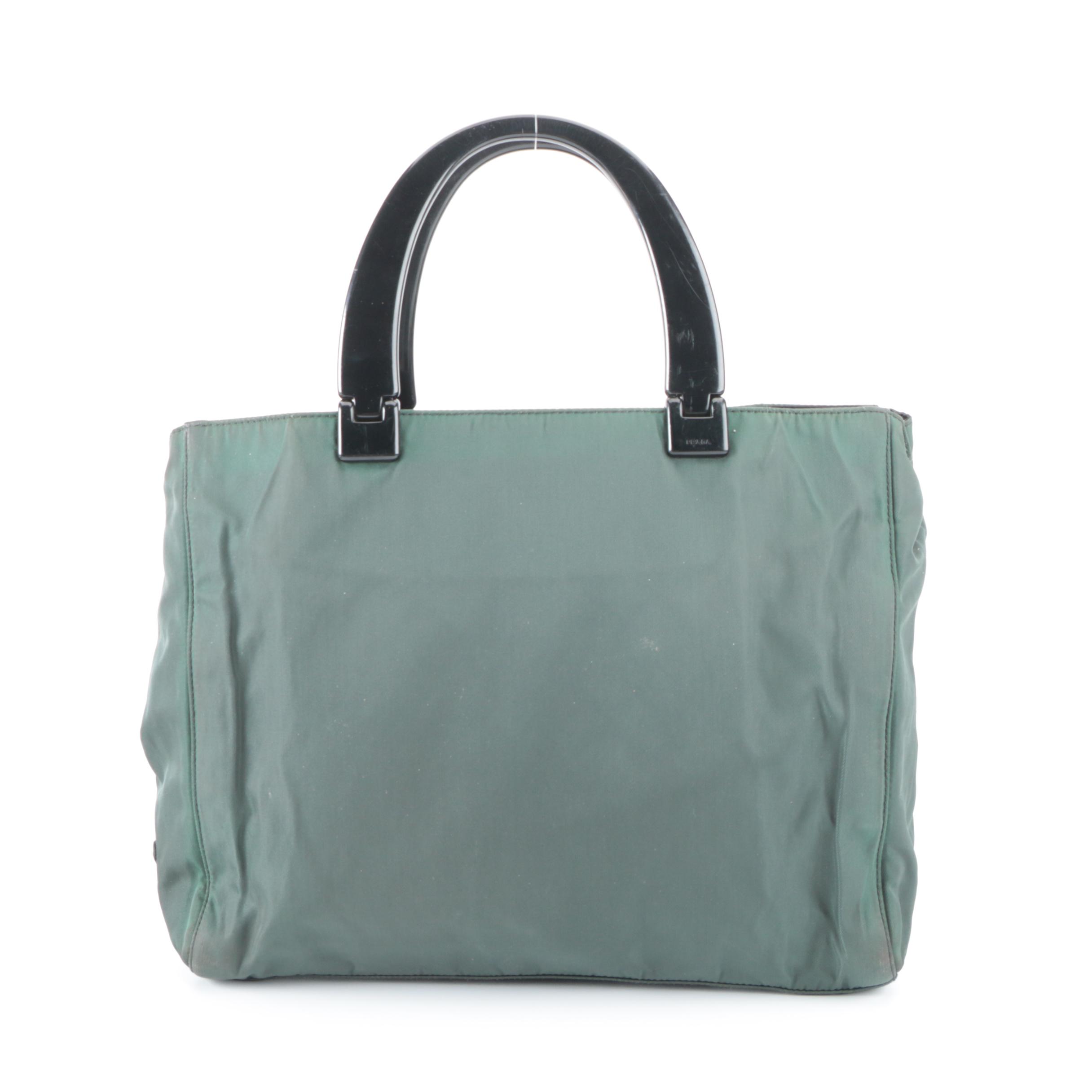 Prada Small Tote Bag in Green Tessuto Nylon with Black Composite Handles