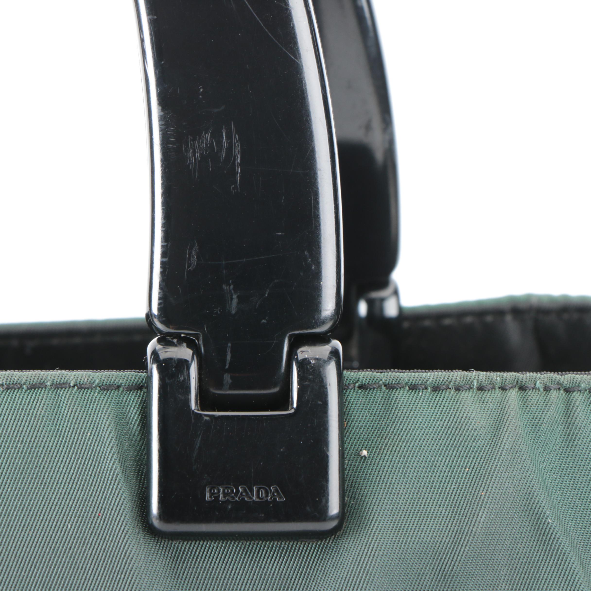 Prada Small Tote Bag in Green Tessuto Nylon with Black Composite Handles
