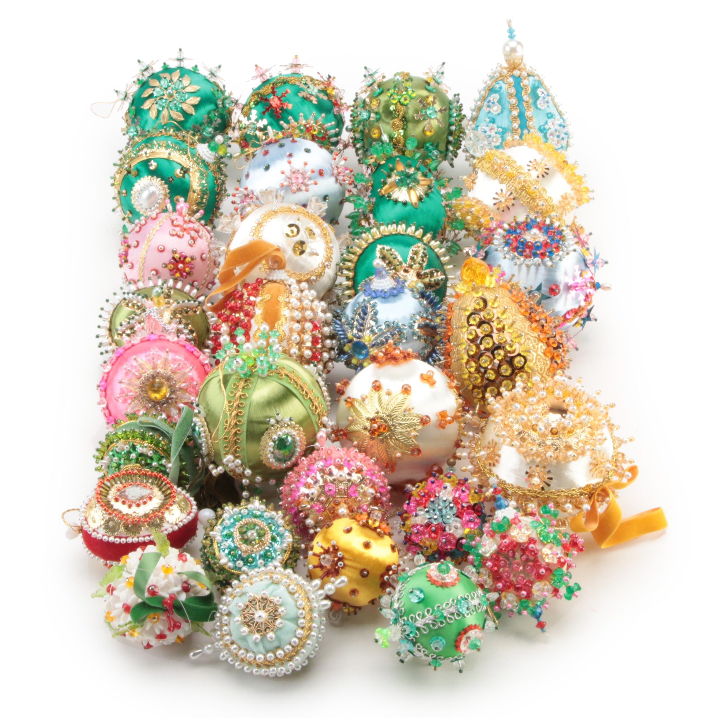Handmade Victorian Style Bead and Sequin Decorated Ornaments, Mid-20th C.