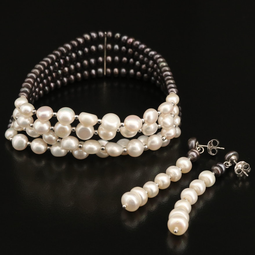 Sterling Pearl Expandable Bracelet and Earring Set