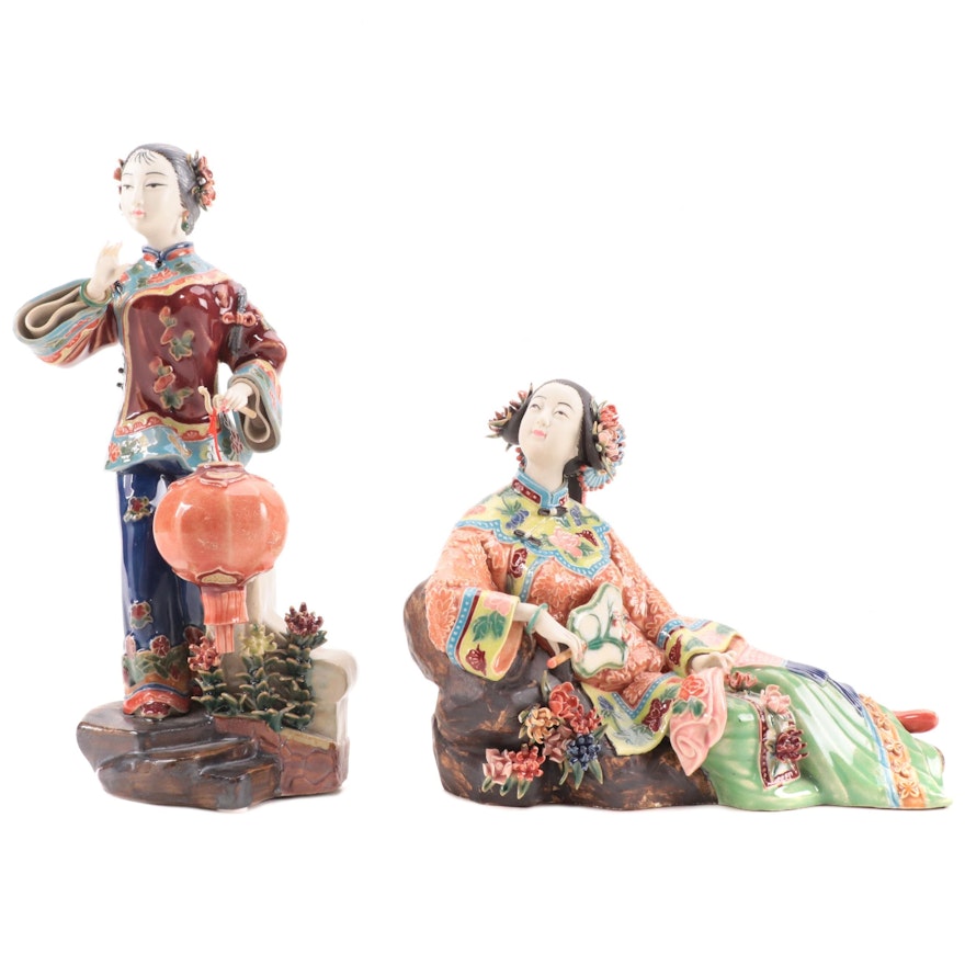 Chinese Lin Wei Dong Porcelain Figurines of Qing Dynasty Women