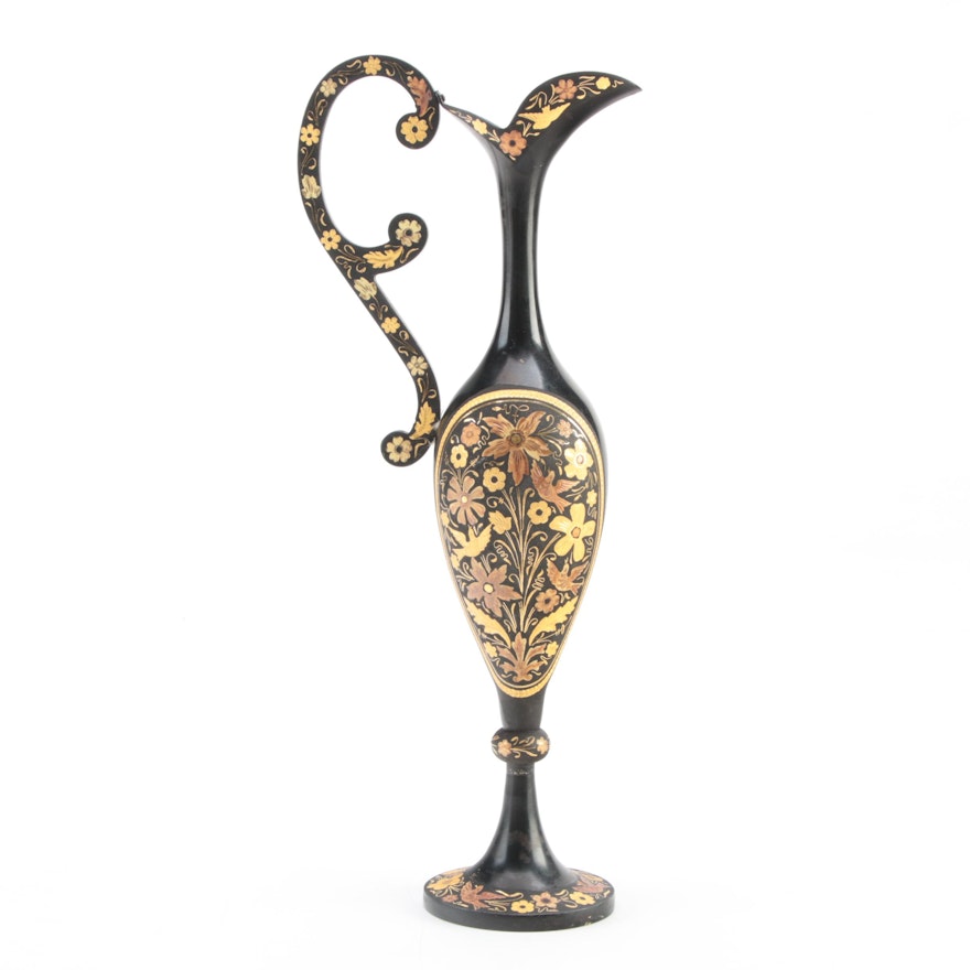 Italianate Gilt Floral Painted Metal Ewer, Mid-20th Century