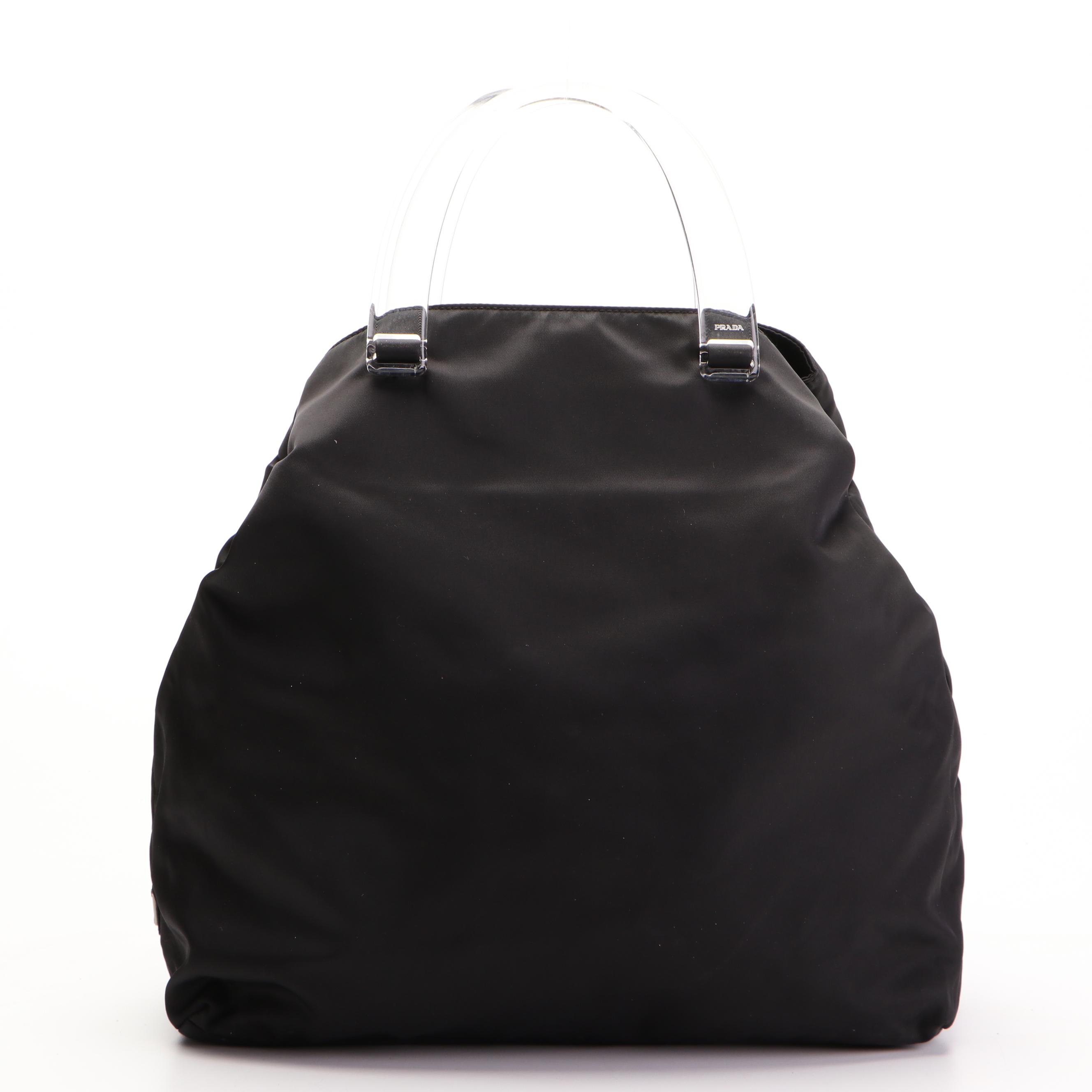 Prada Tote Bag Medium in Black Nylon Tessuto with Clear Composite Handles