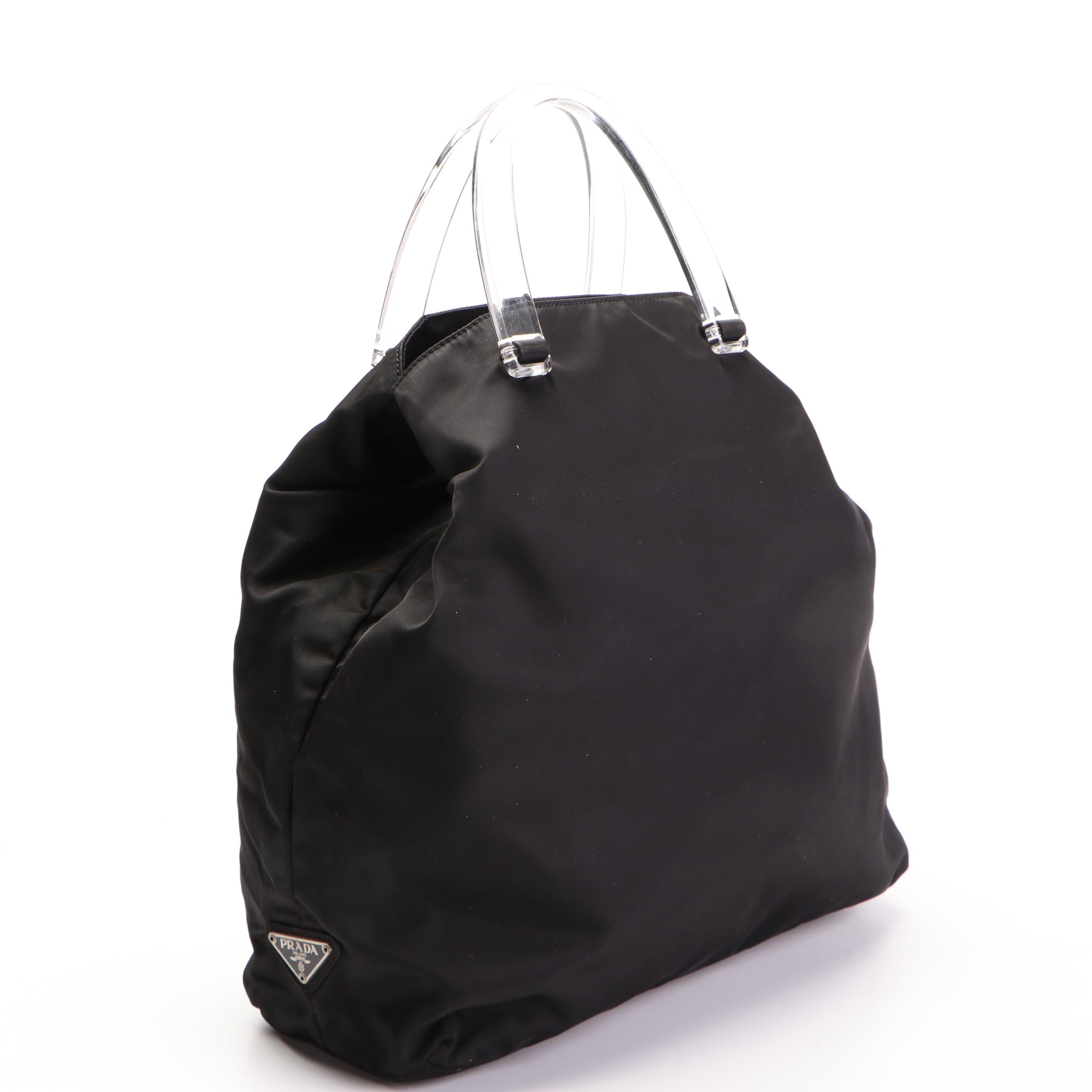 Prada Tote Bag Medium in Black Nylon Tessuto with Clear Composite Handles