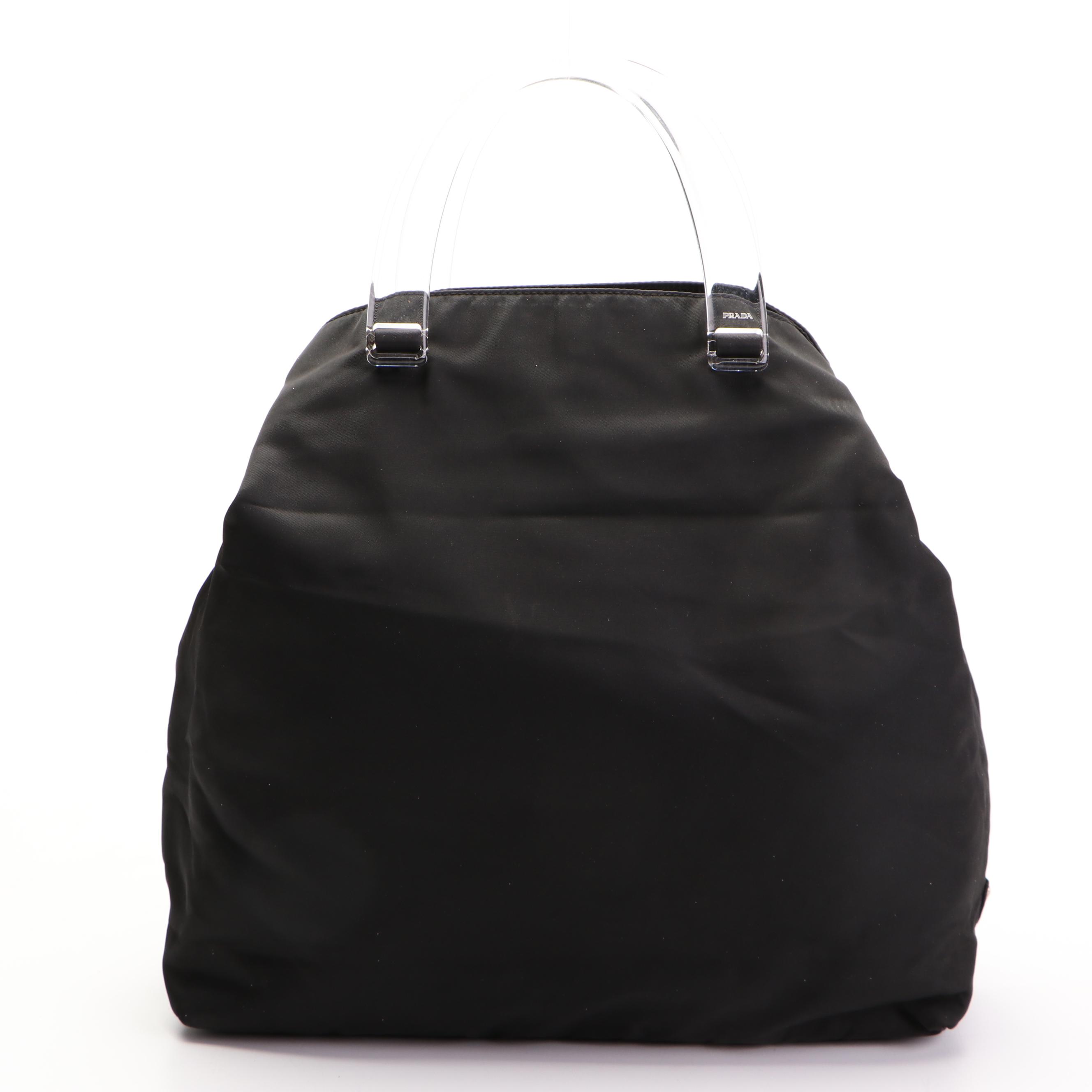 Prada Tote Bag Medium in Black Nylon Tessuto with Clear Composite Handles