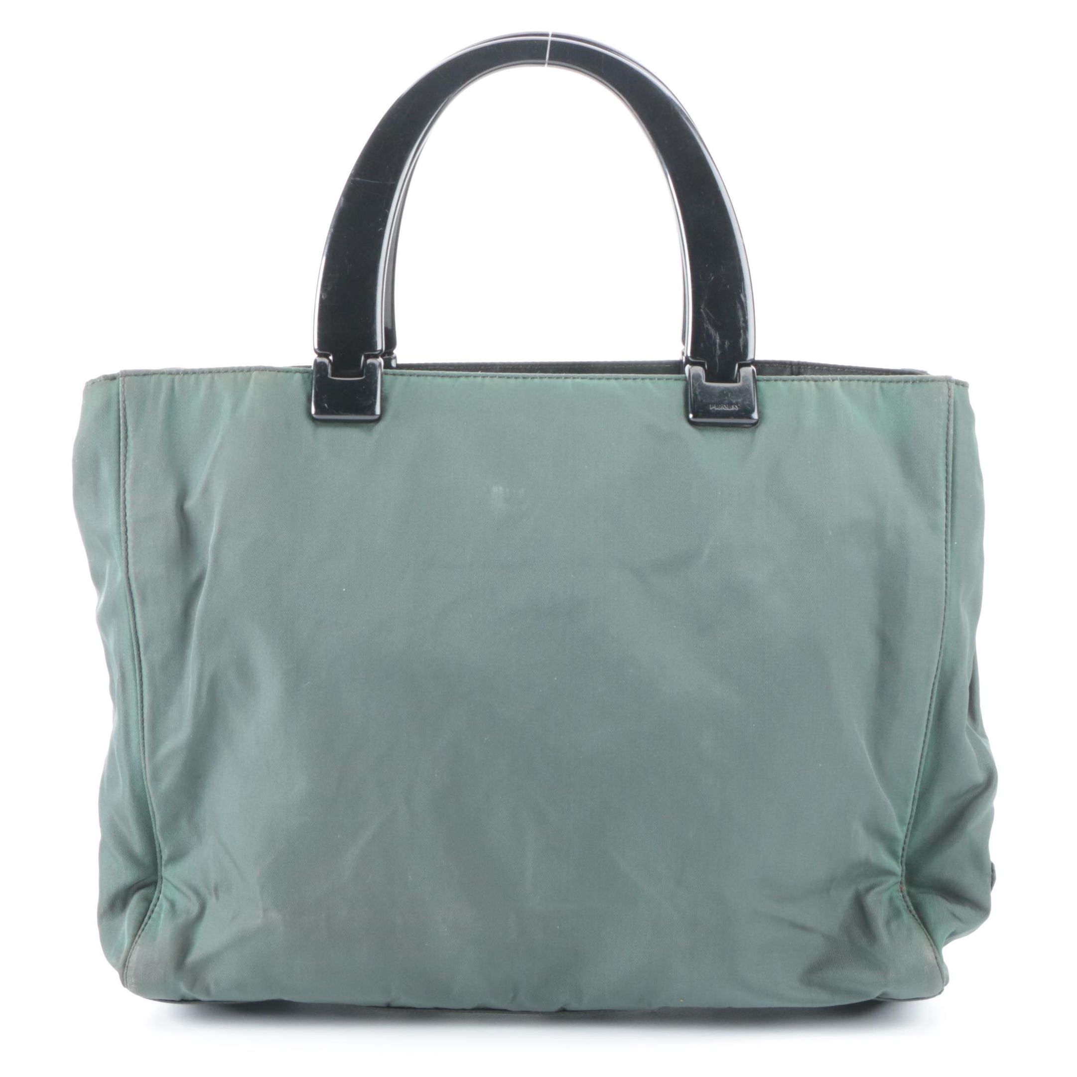 Prada Small Tote Bag in Green Tessuto Nylon with Black Composite Handles