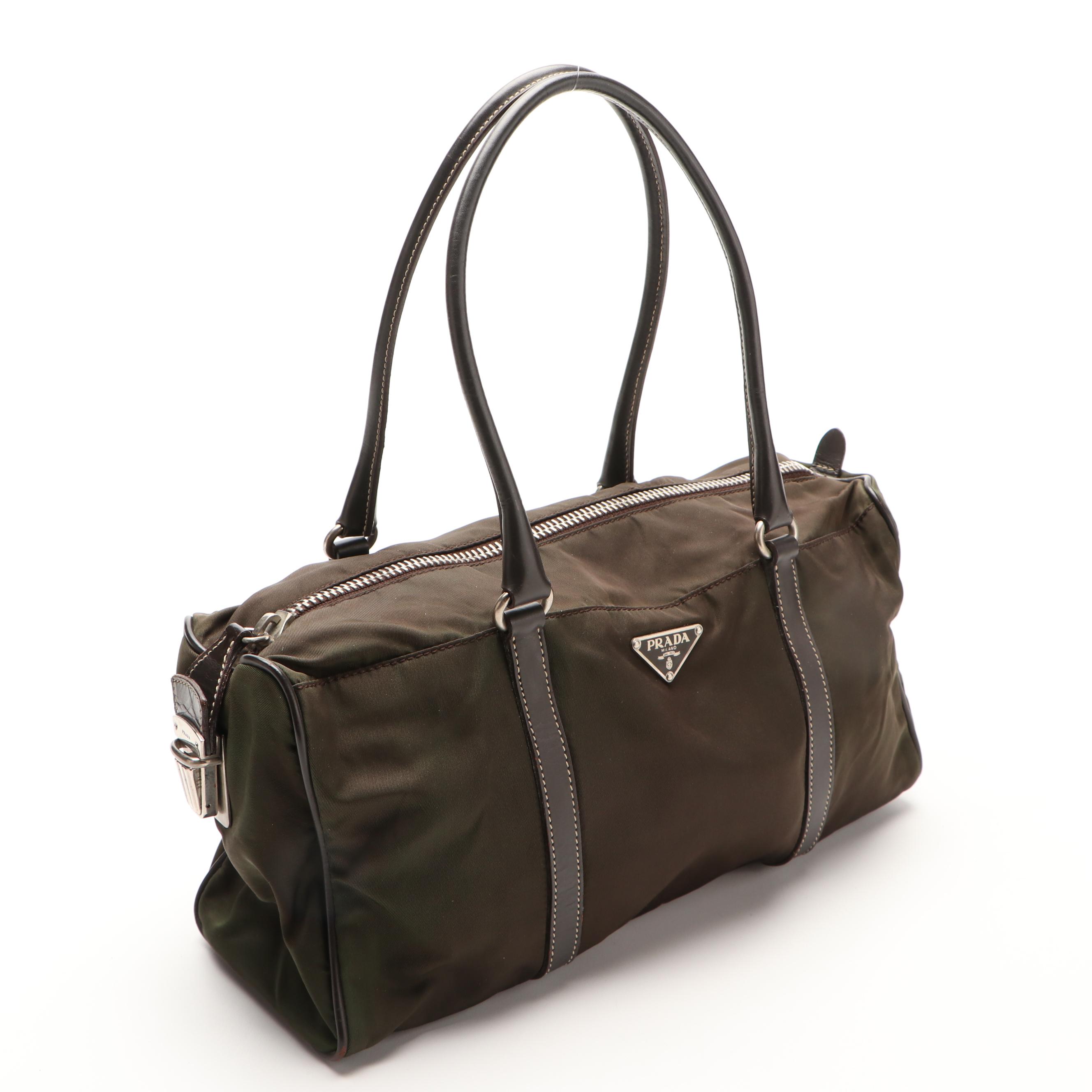 Prada Shoulder Tote Bag Small in Olive Tessuto Nylon and Dark Brown Leather