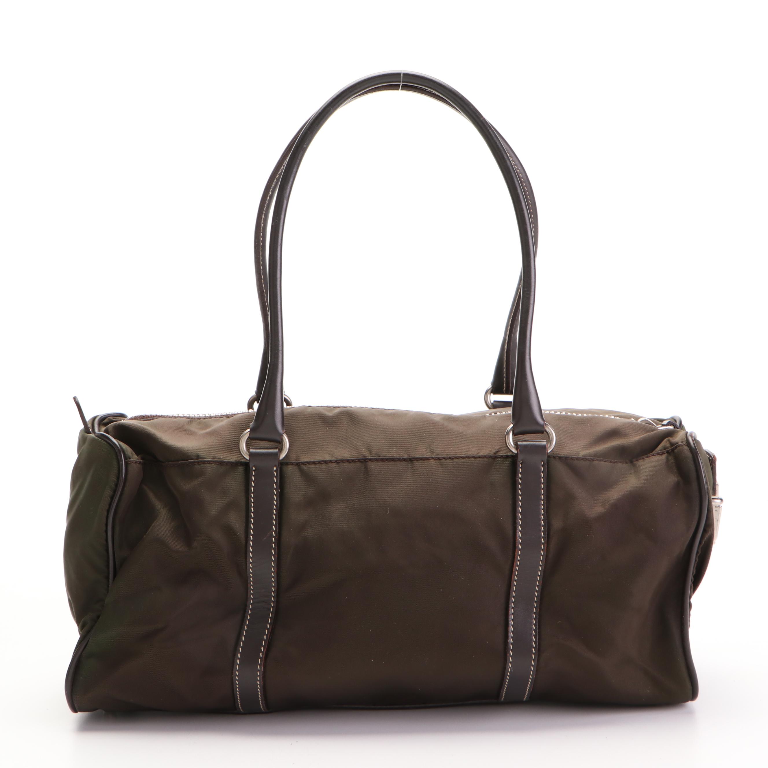 Prada Shoulder Tote Bag Small in Olive Tessuto Nylon and Dark Brown Leather