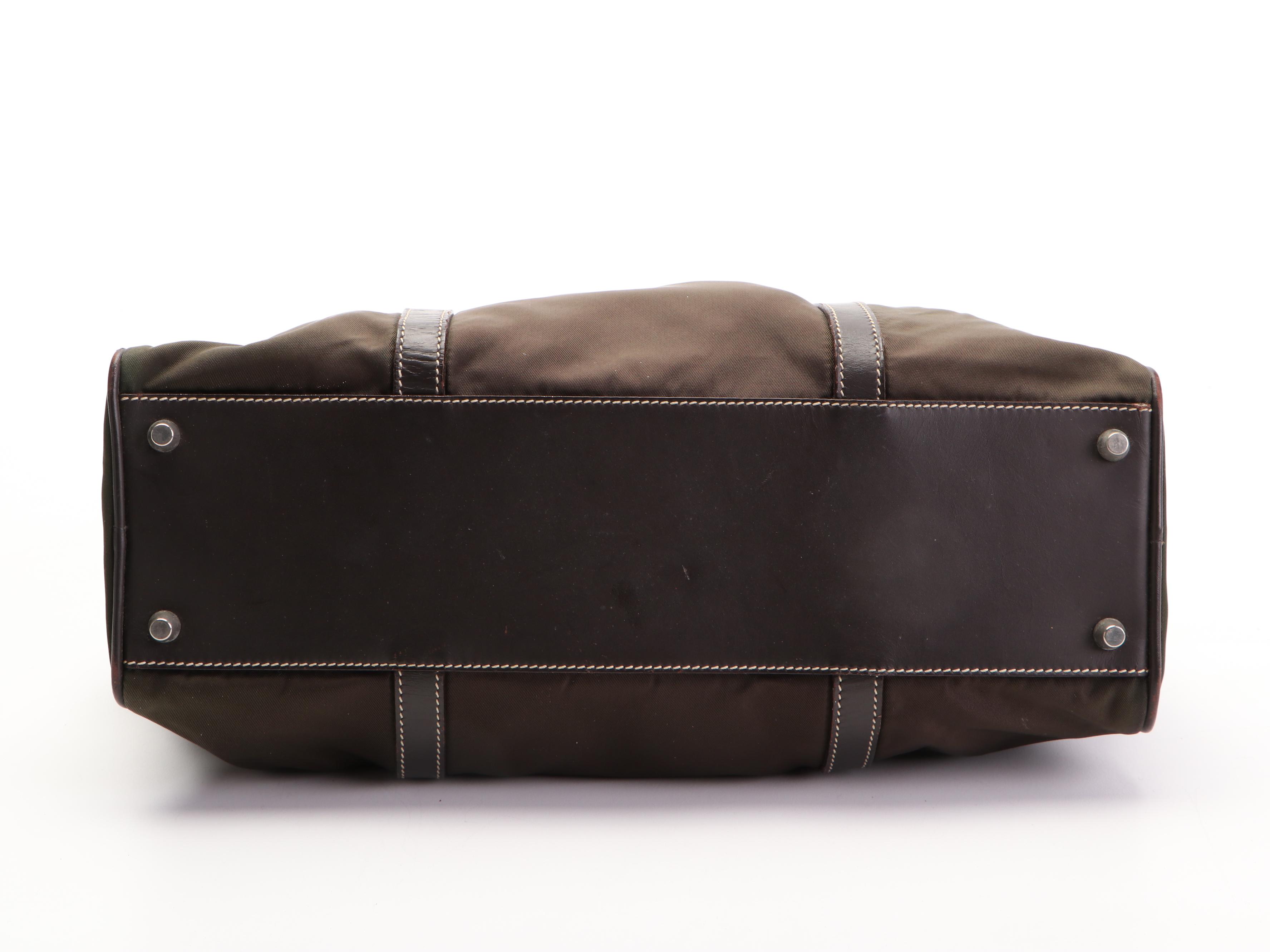 Prada Shoulder Tote Bag Small in Olive Tessuto Nylon and Dark Brown Leather