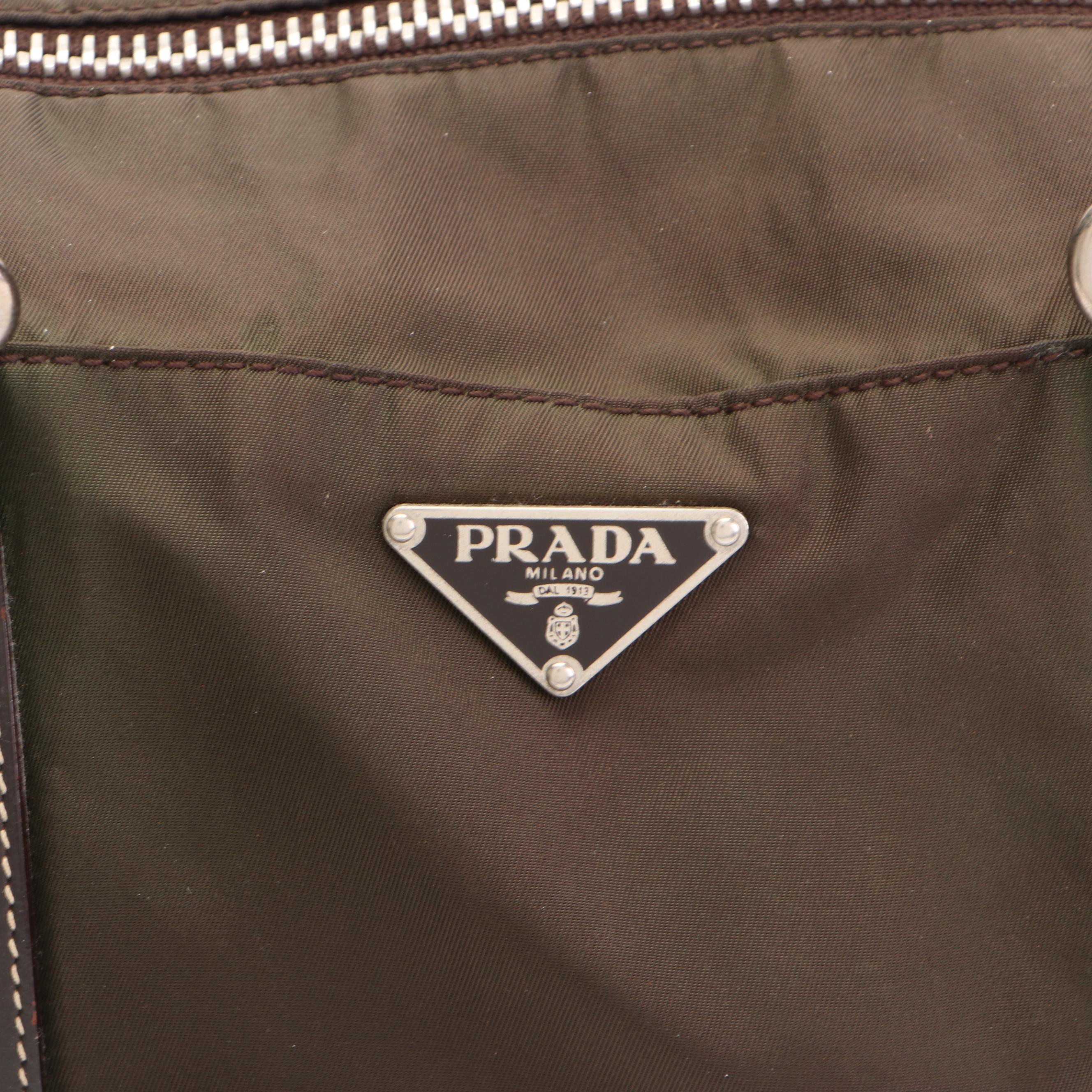 Prada Shoulder Tote Bag Small in Olive Tessuto Nylon and Dark Brown Leather