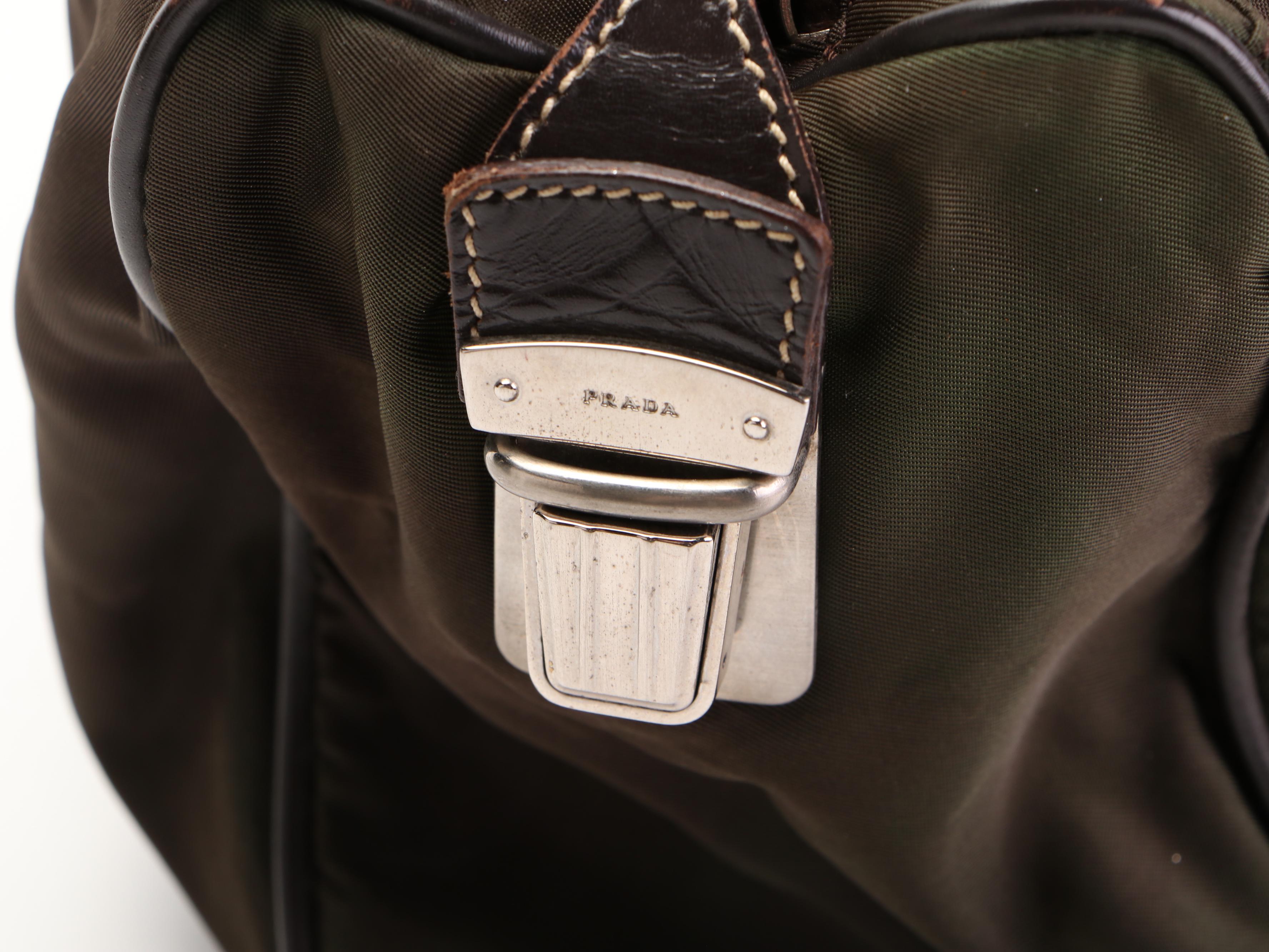 Prada Shoulder Tote Bag Small in Olive Tessuto Nylon and Dark Brown Leather