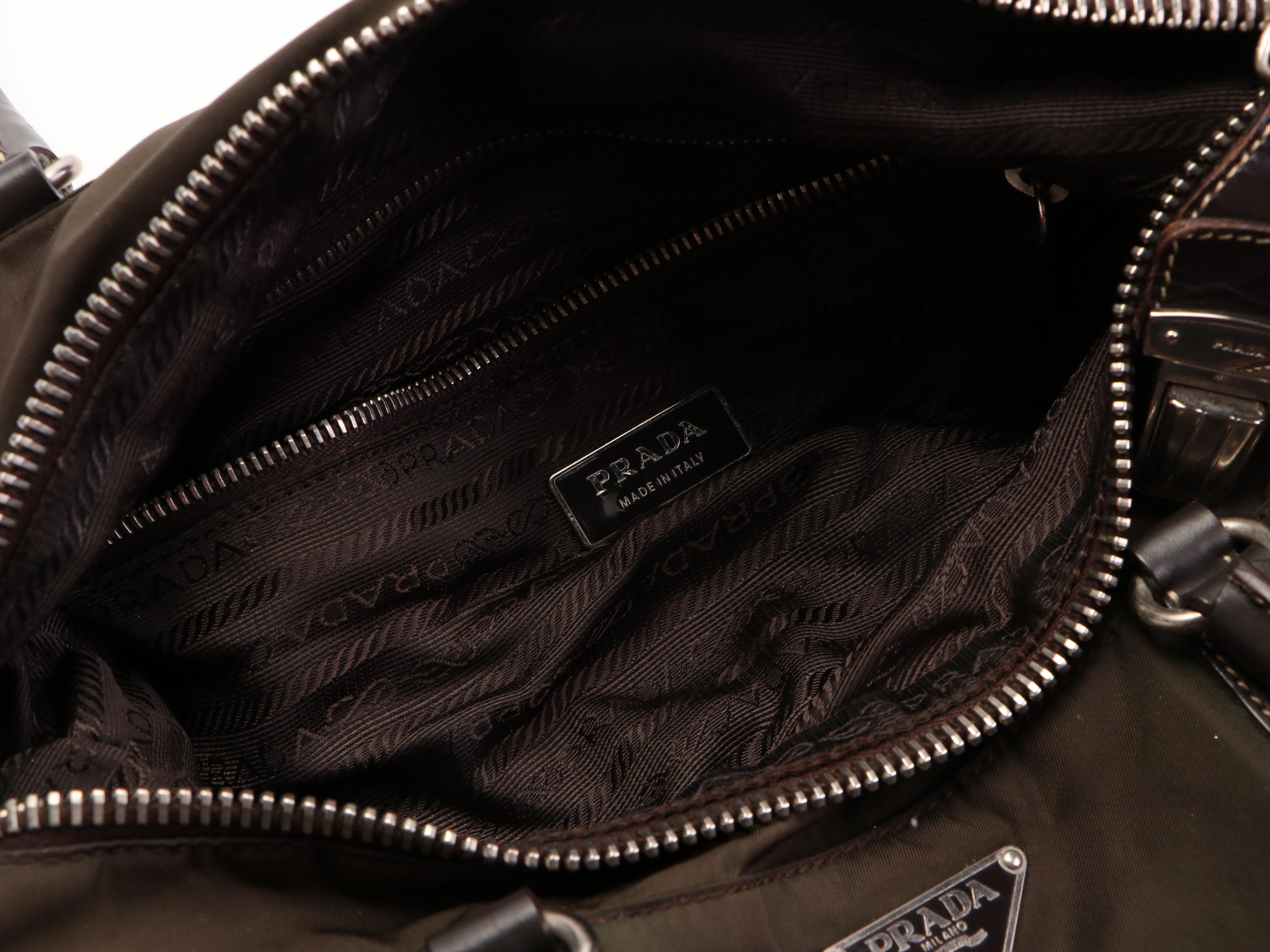 Prada Shoulder Tote Bag Small in Olive Tessuto Nylon and Dark Brown Leather