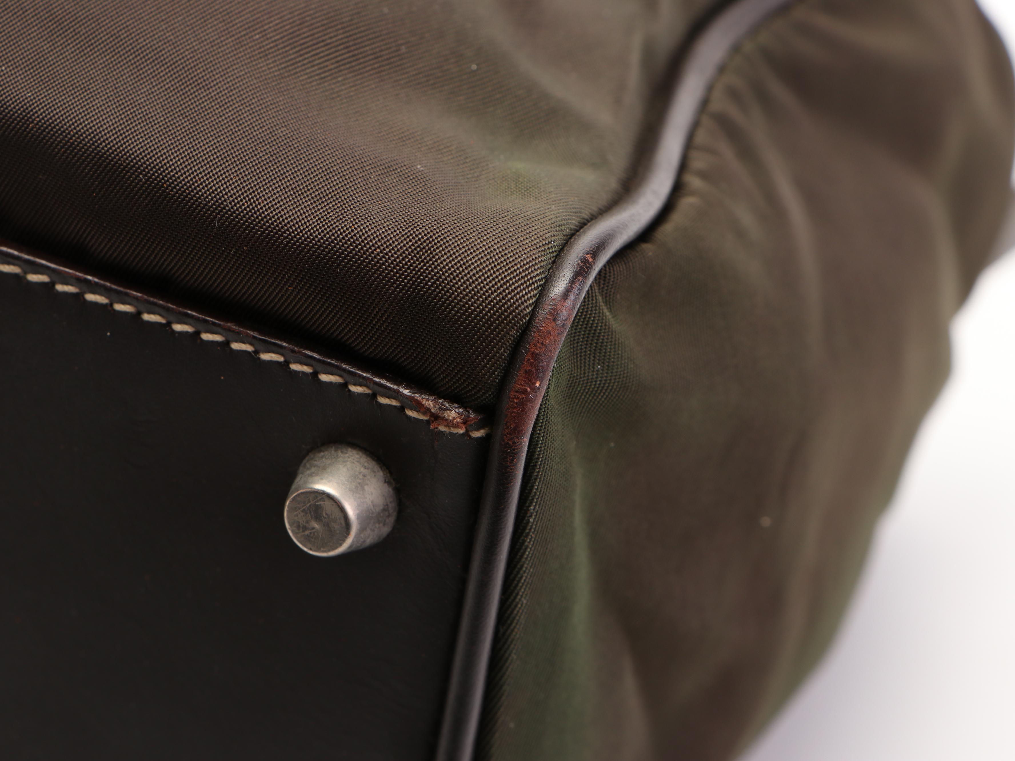 Prada Shoulder Tote Bag Small in Olive Tessuto Nylon and Dark Brown Leather