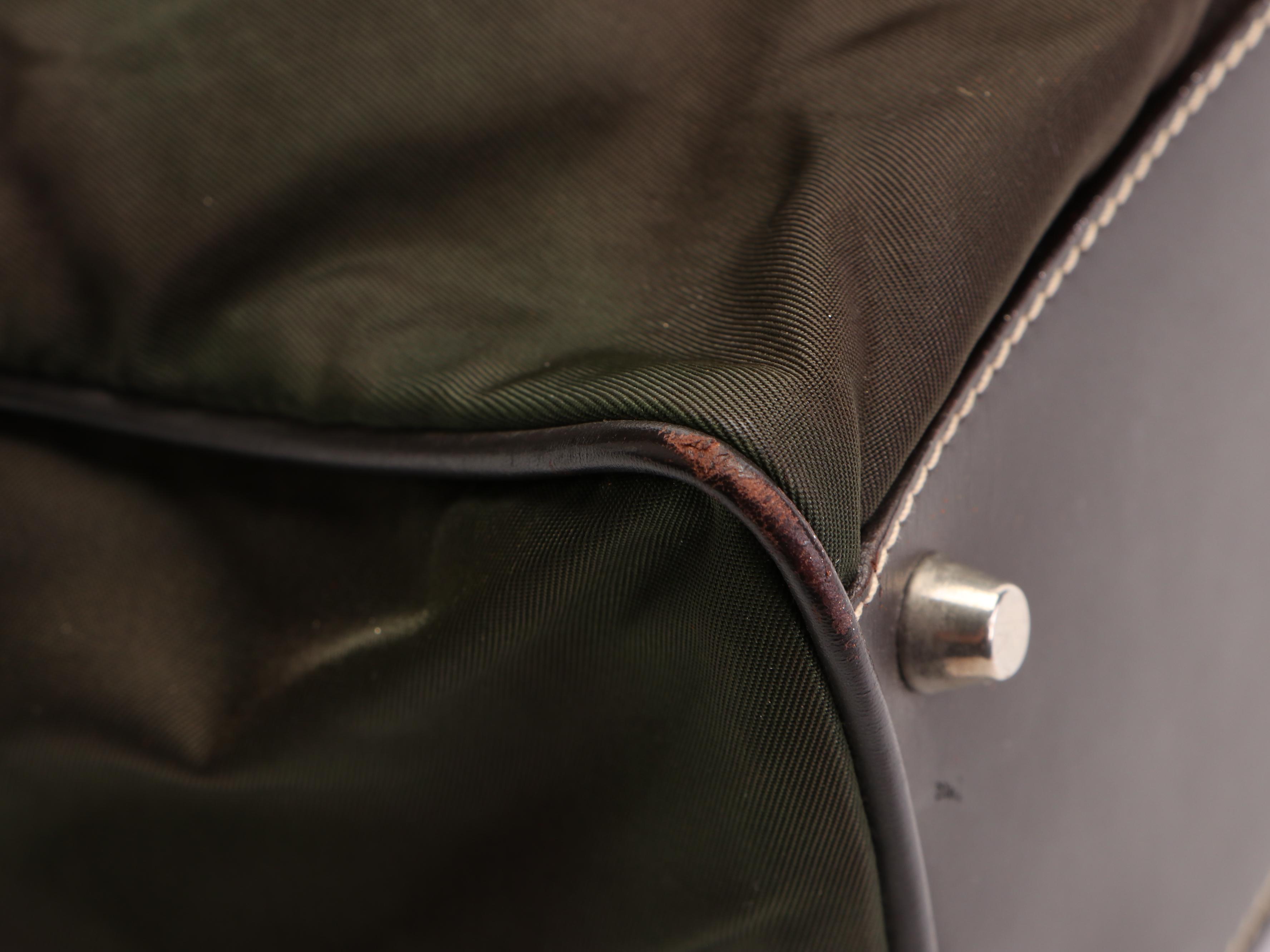 Prada Shoulder Tote Bag Small in Olive Tessuto Nylon and Dark Brown Leather