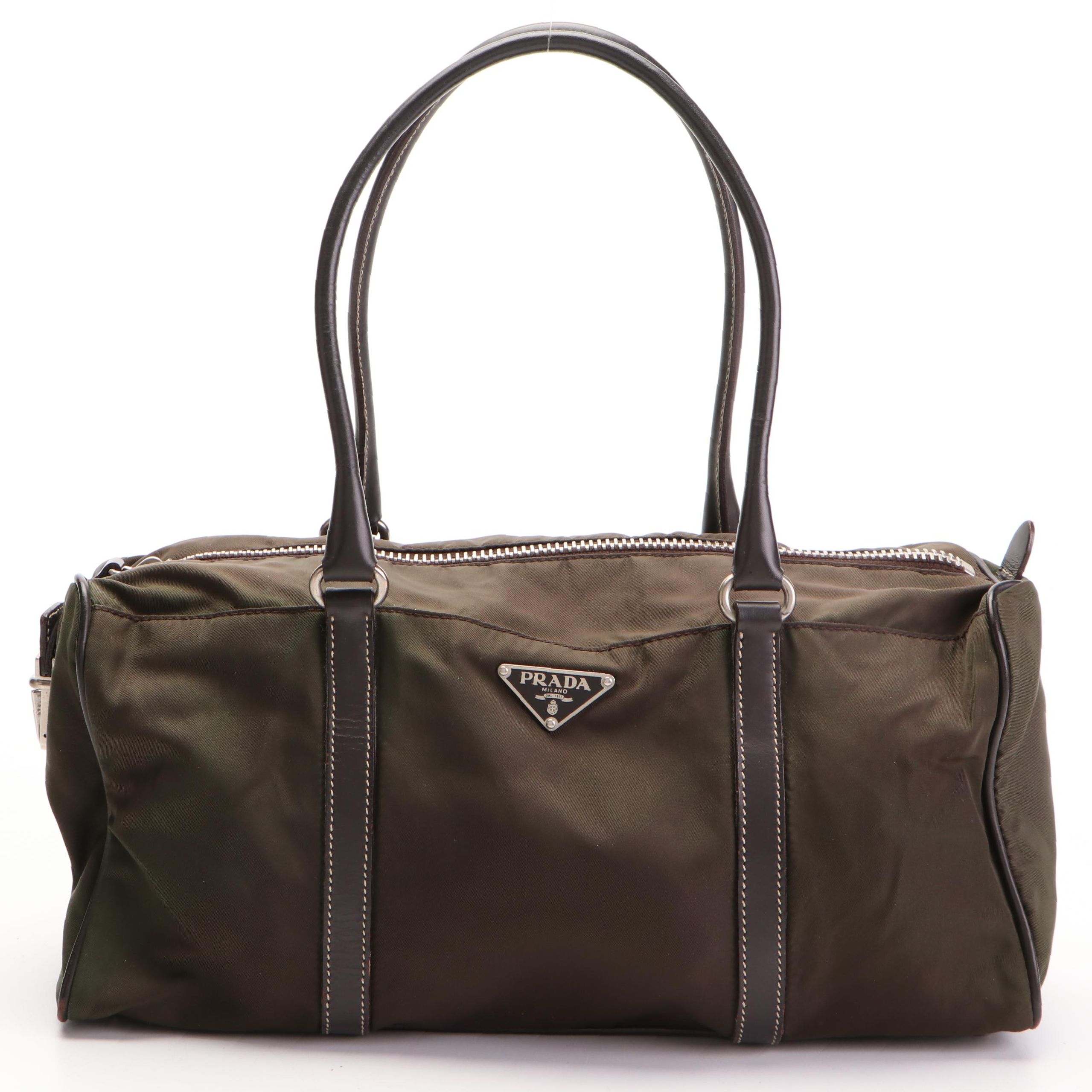 Prada Shoulder Tote Bag Small in Olive Tessuto Nylon and Dark Brown Leather