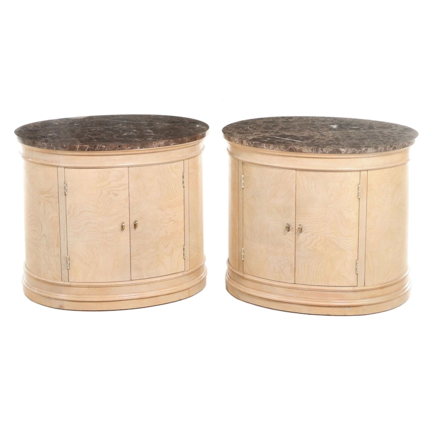 Pair of Hickory White Neoclassical Style White Ash Burl & Marble Top Nightstands