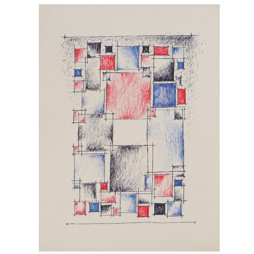 Achi Sullo Geometric Sculpture Study Mixed Media Drawing, Circa 1959