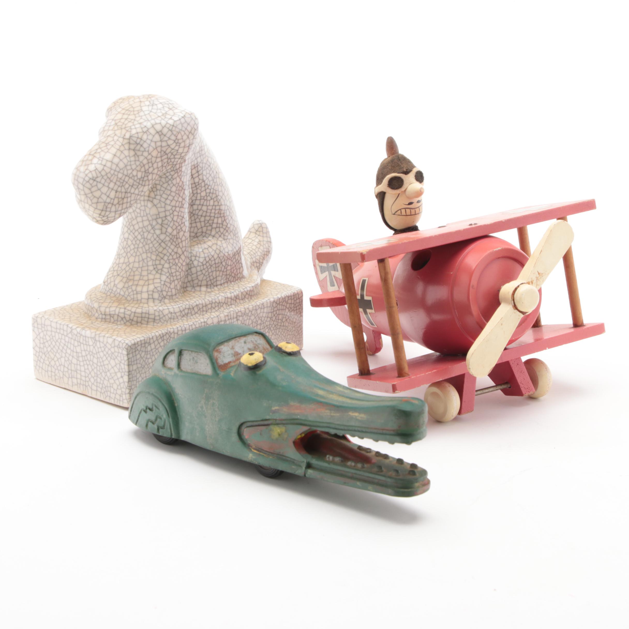 Schmid Brothers and Other Toy Music Red Baron, Push Alligator and Dog Figurine