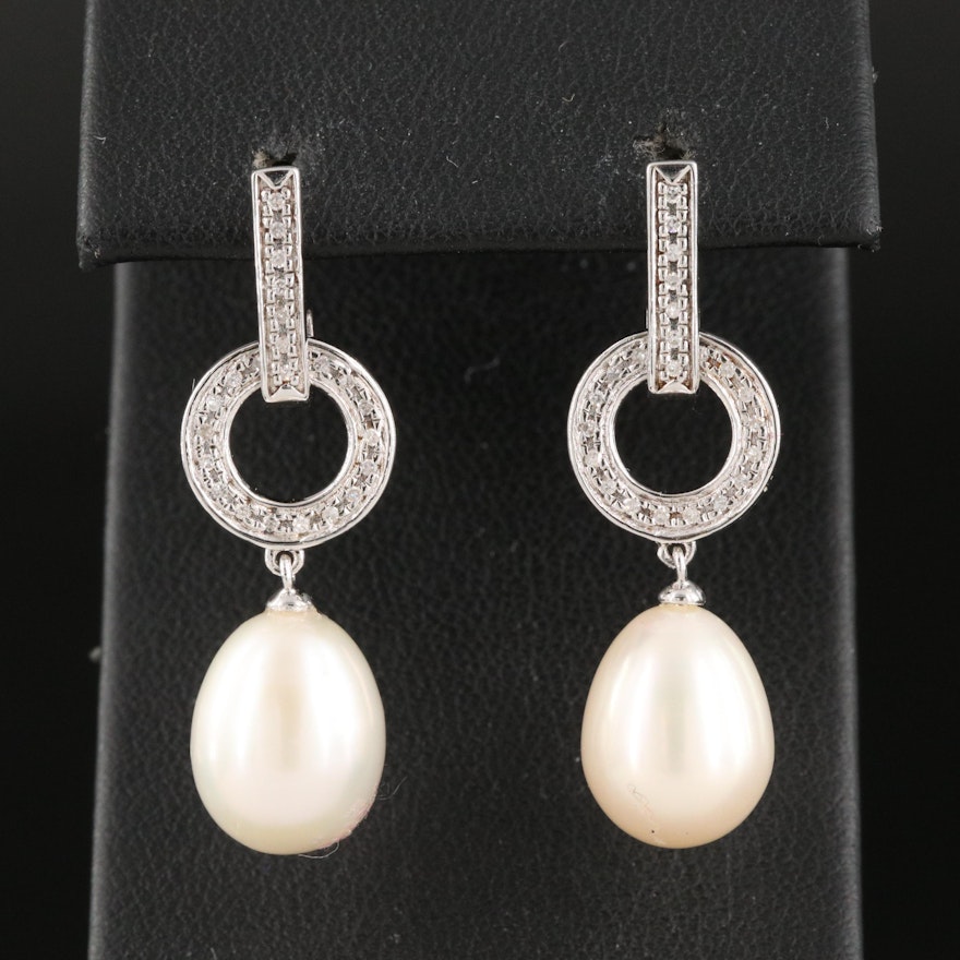 Sterling Pearl and Diamond Drop Earrings