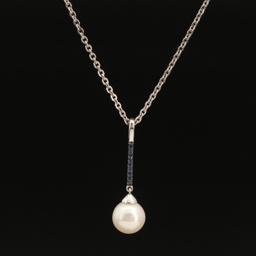 14K Pearl and Sapphire Drop Pendant with Sterling Cable Chain Necklace