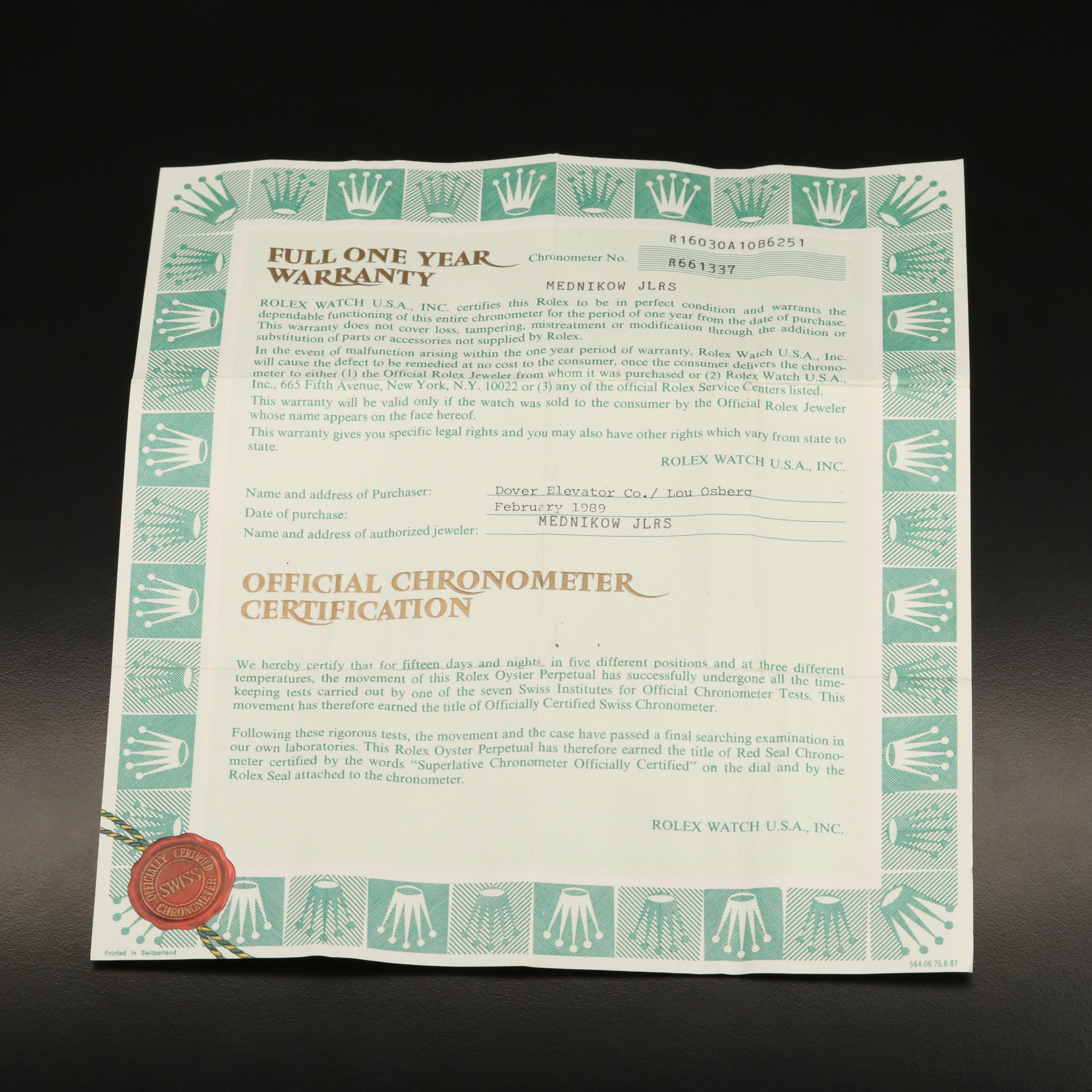 1988 Rolex Datejust Stainless Steel Automatic Watch