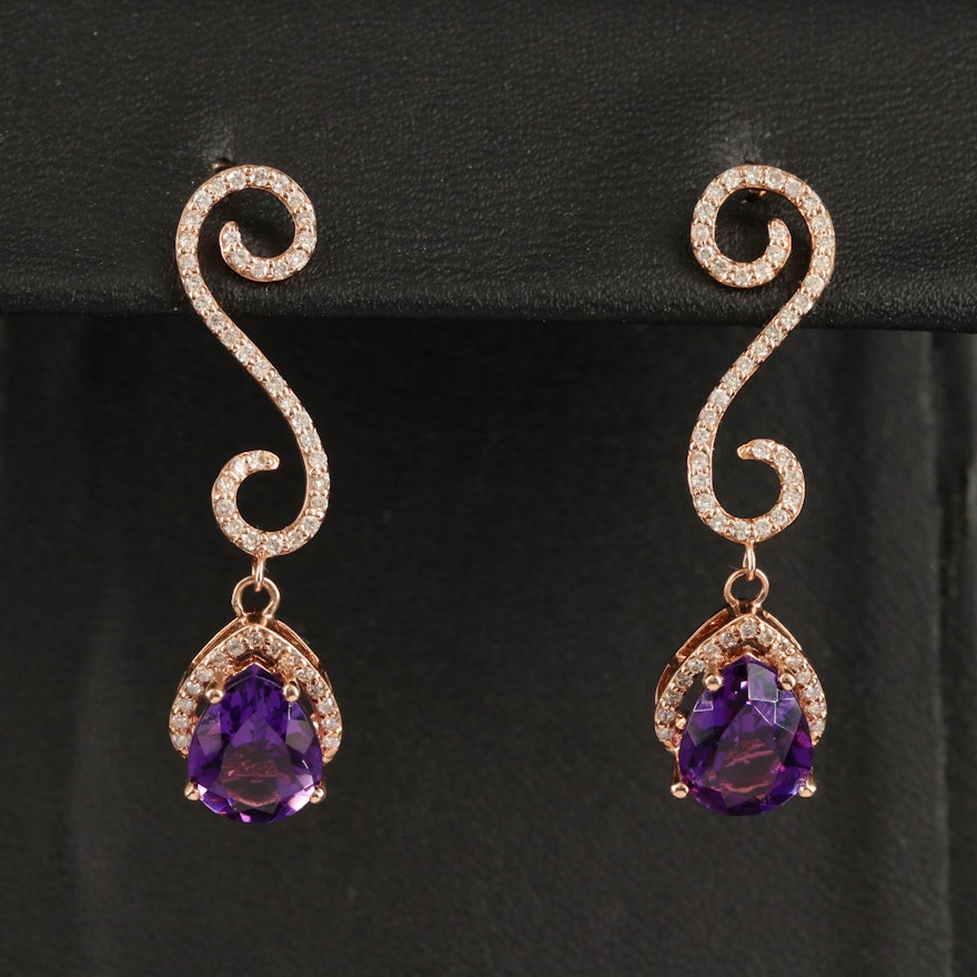 14K Amethyst and Diamond Drop Earrings