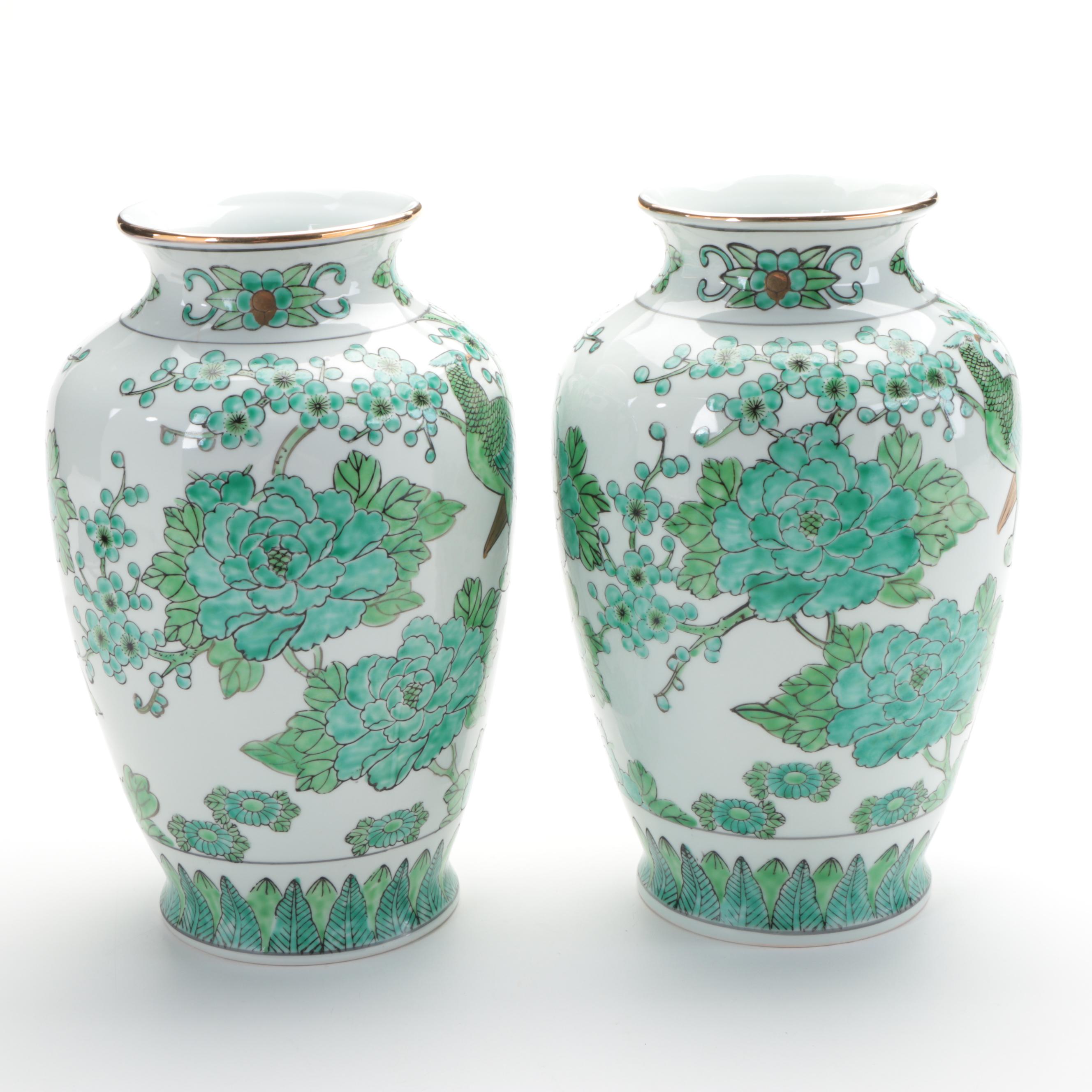 Pair of Hand-Painted Gold Imari Porcelain Vases