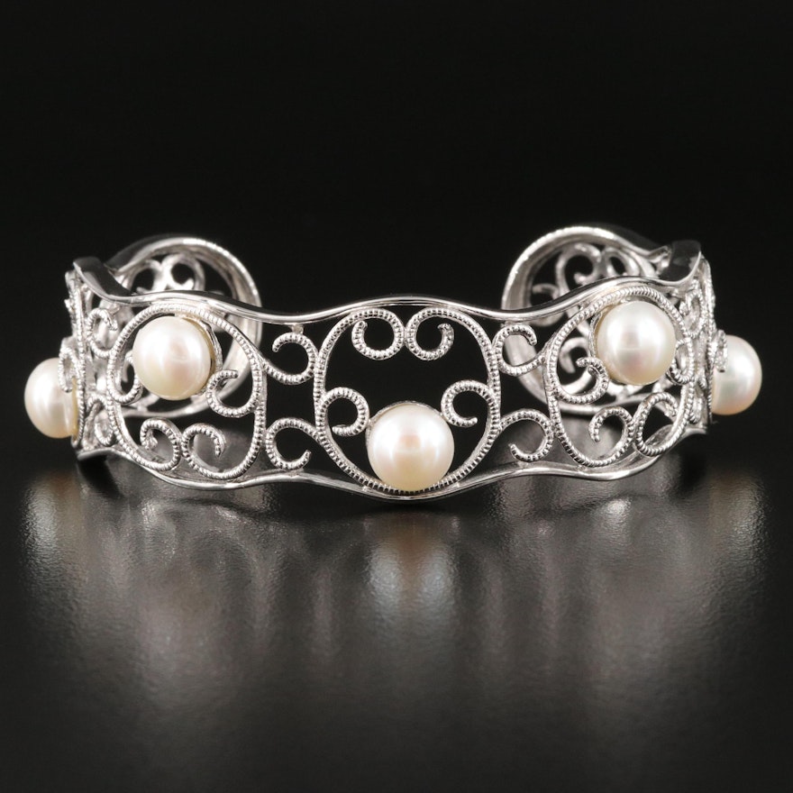 Sterling Silver Pearl Scrollwork Cuff