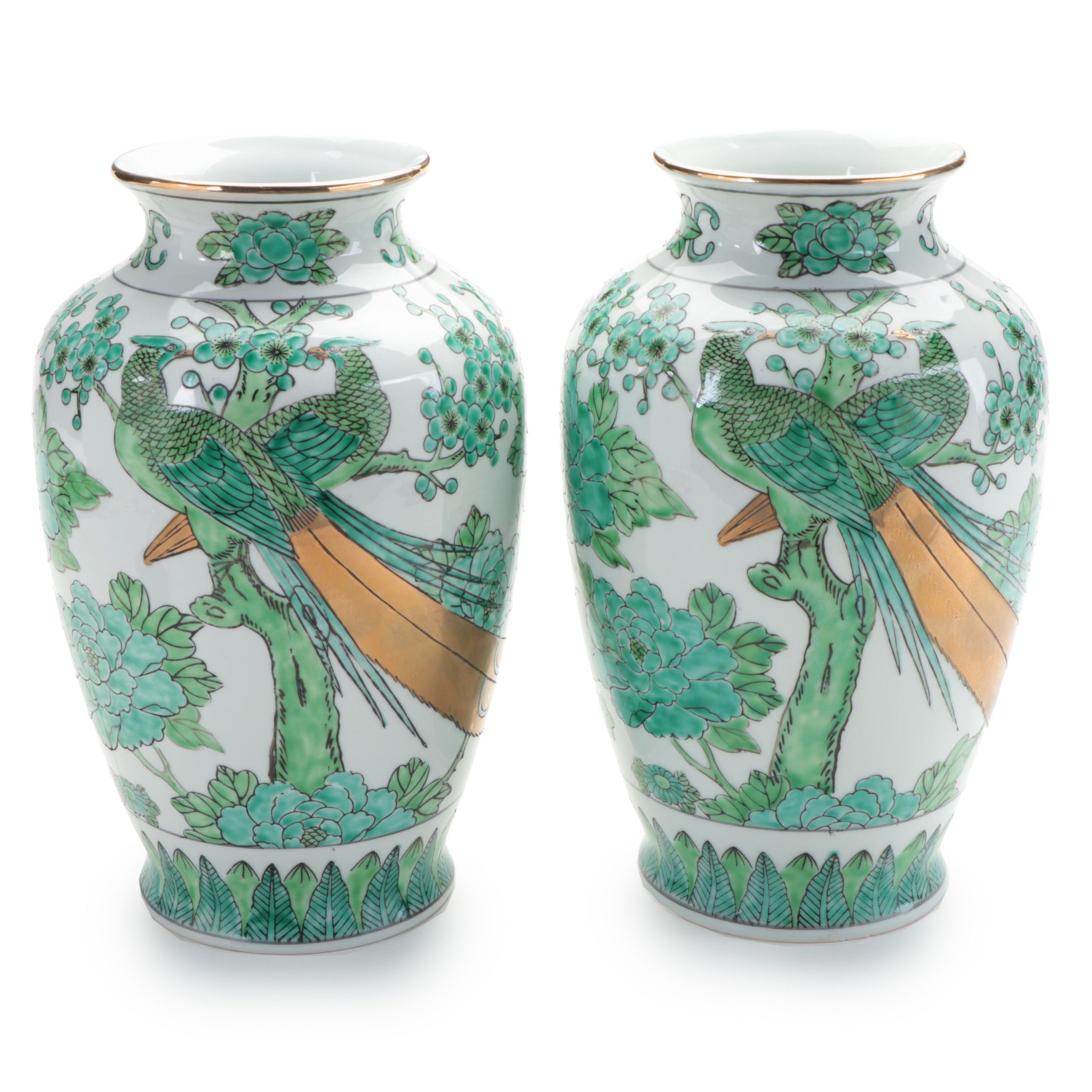 Pair of Hand-Painted Gold Imari Porcelain Vases