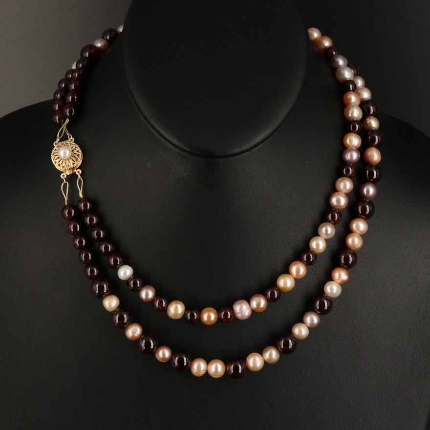 14K Pearl and Rhodolite Garnet Double Strand Necklace