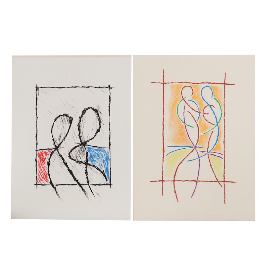 Achi Sullo Abstract Figural Oil Stick Drawings, Circa 1967