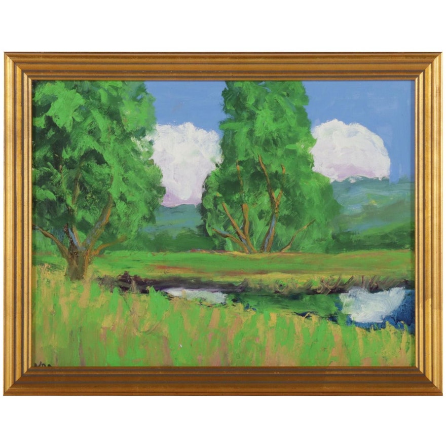 Kenneth R. Burnside Pastoral Creek Landscape Oil Painting, 21st Century