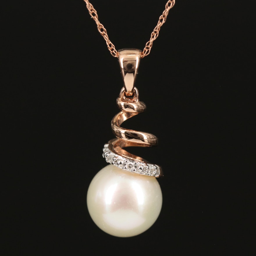 14K Pearl and Diamond Spiral Pendant Necklace